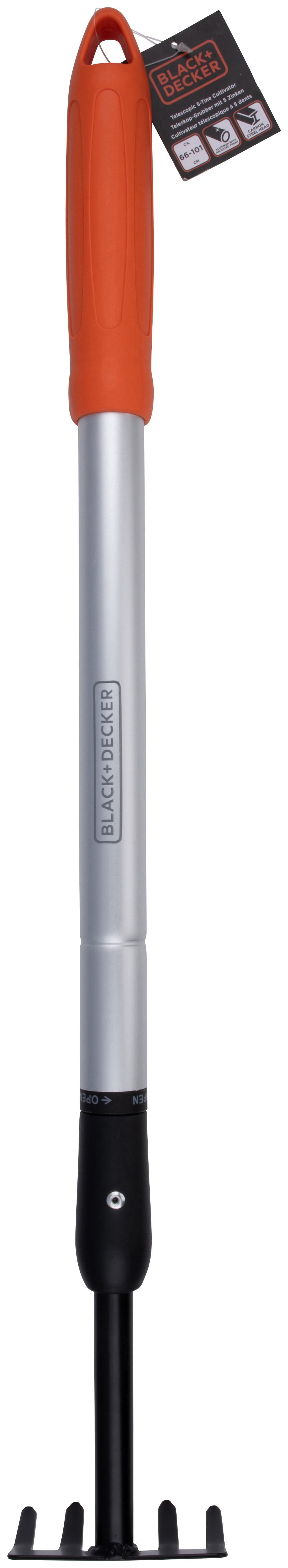 A garden tool with an orange handle, silver pole, and black tines. A tag is attached.