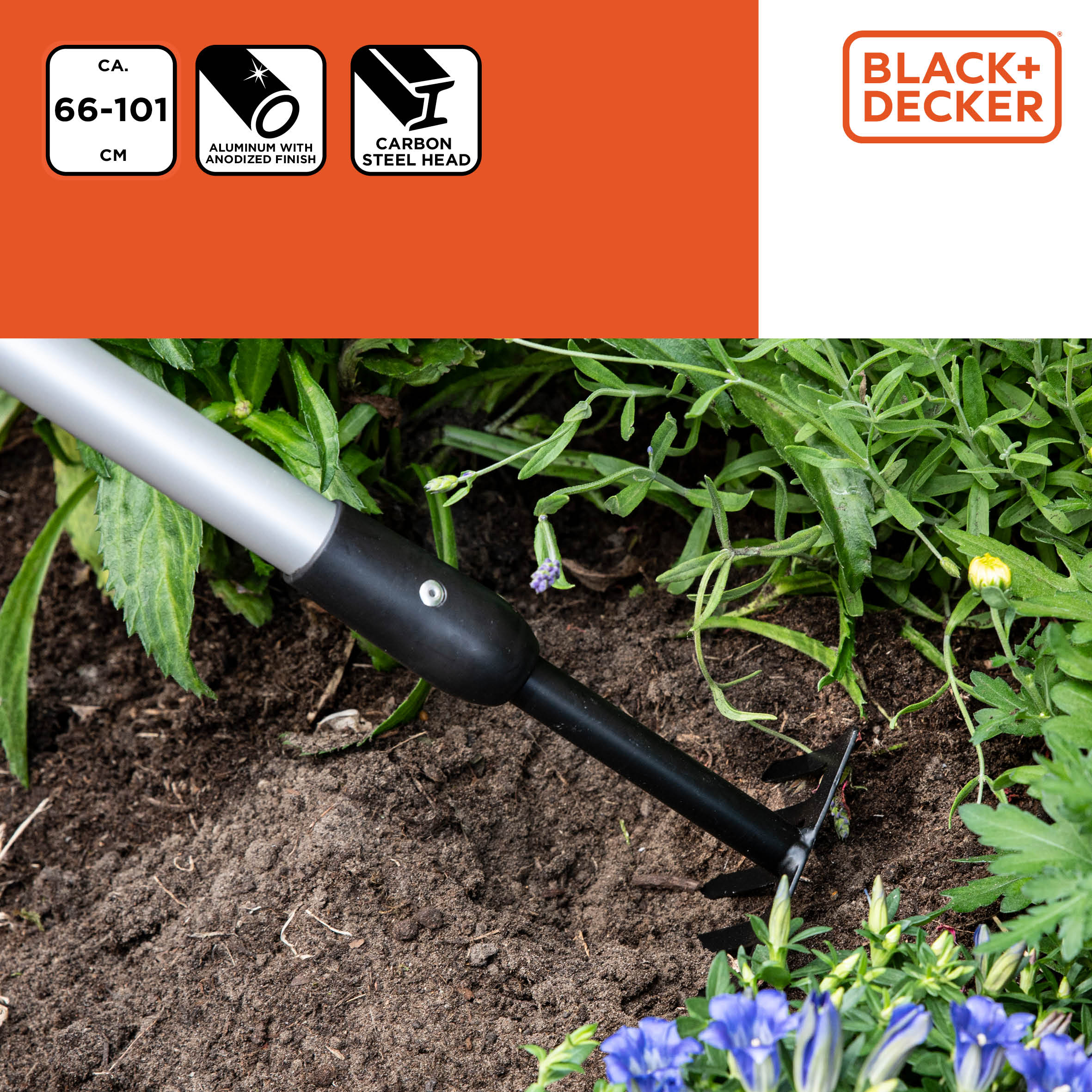 A black and silver garden tool in use. Text and icons show measurements and features.