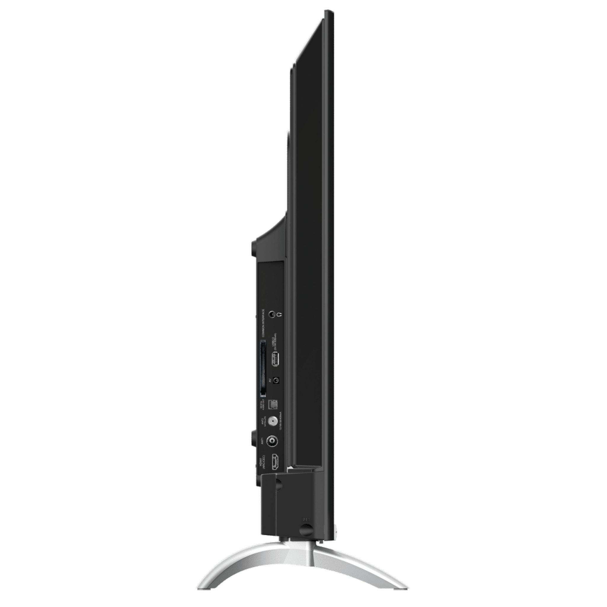 Vista lateral TV pantalla plana negra con soporte plateado, mostrando puertos y conexiones.
