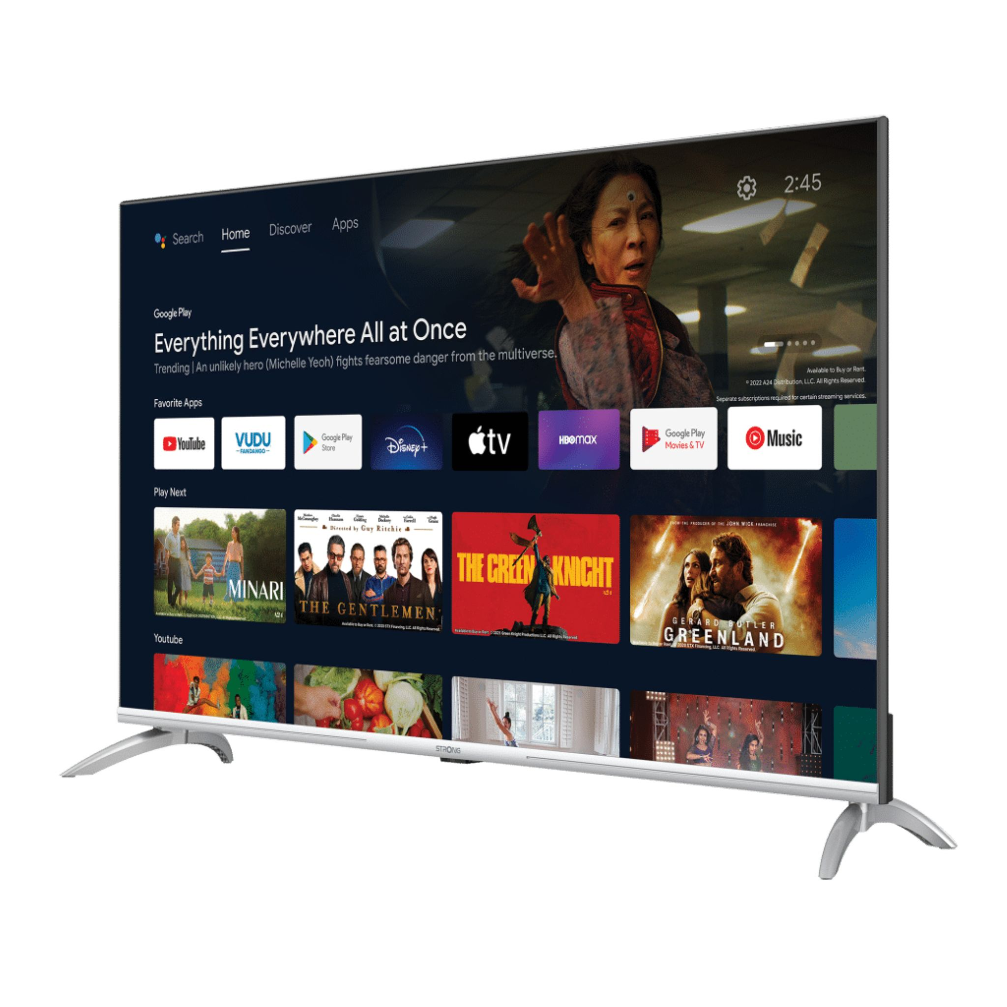 Un Smart TV que muestra la interfaz de un servicio de transmisión con recomendaciones de películas y programas de TV.
