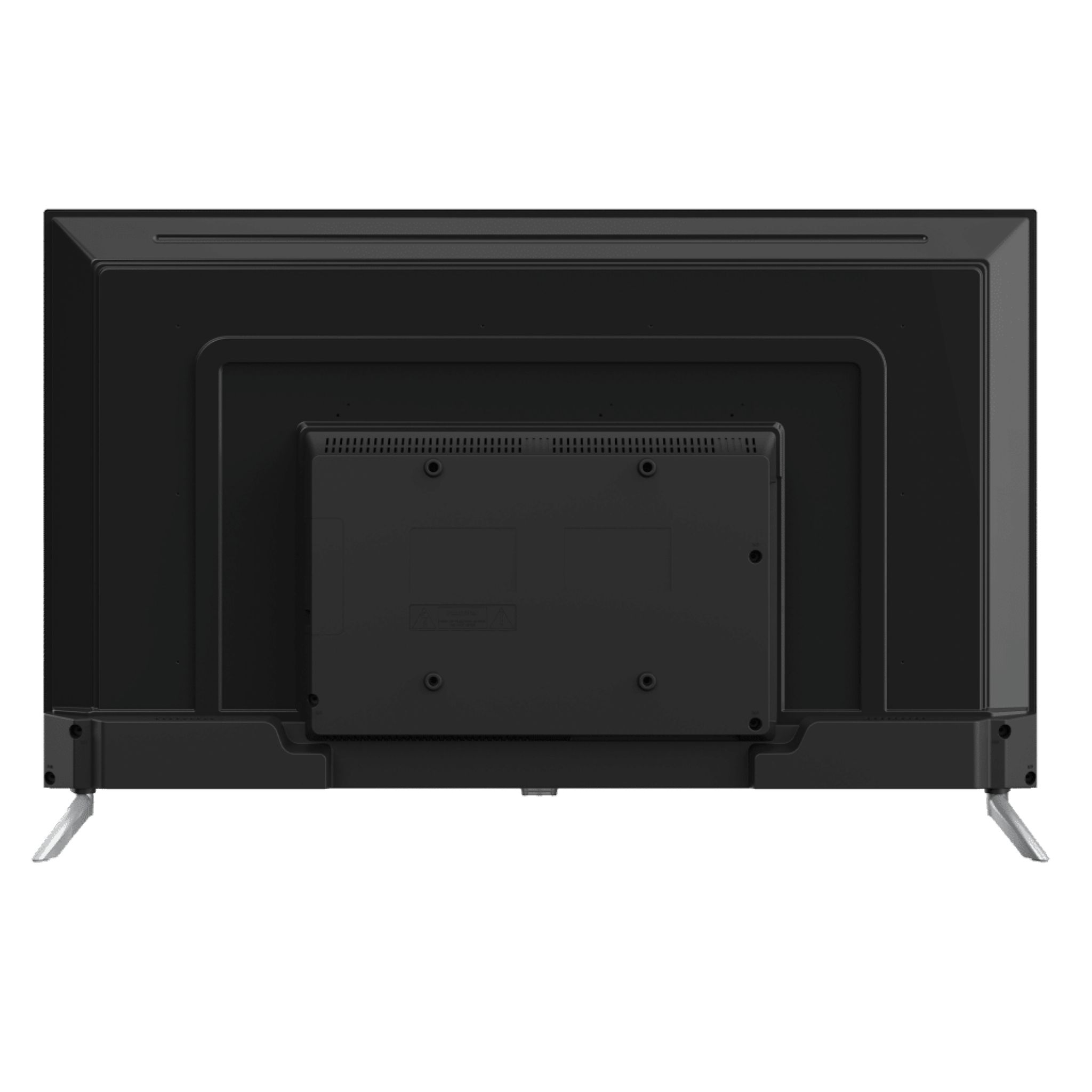 Vista trasera de un televisor negro con patas plateadas.