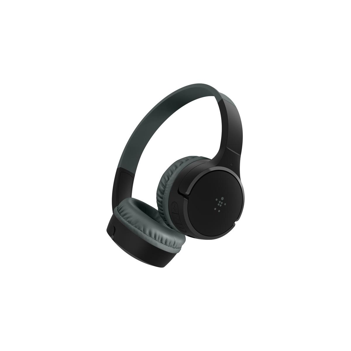 Black and dark grey headphones, with earcups, and a headband on a white background.