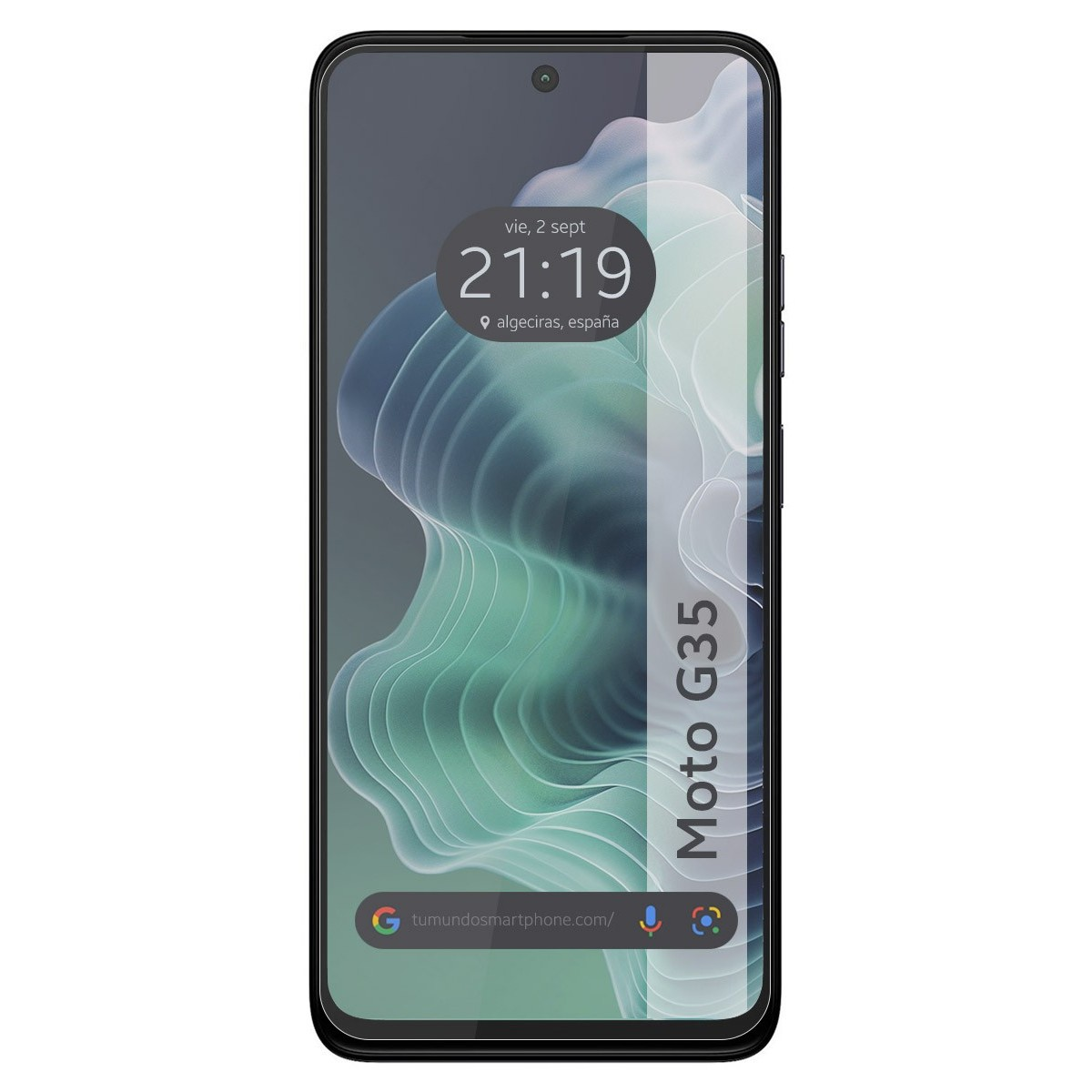 Uno smartphone dal design elegante, che mostra ora e luogo sullo schermo.