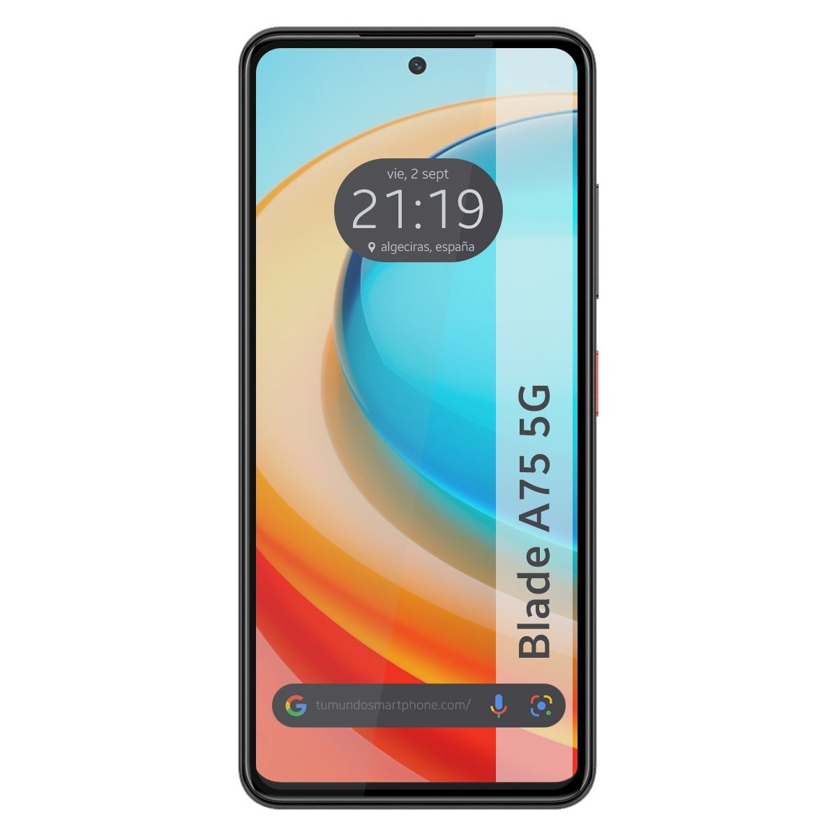 Telefono e protezione schermo. Il telefono mostra ora e data. È un Blade A75 5G.