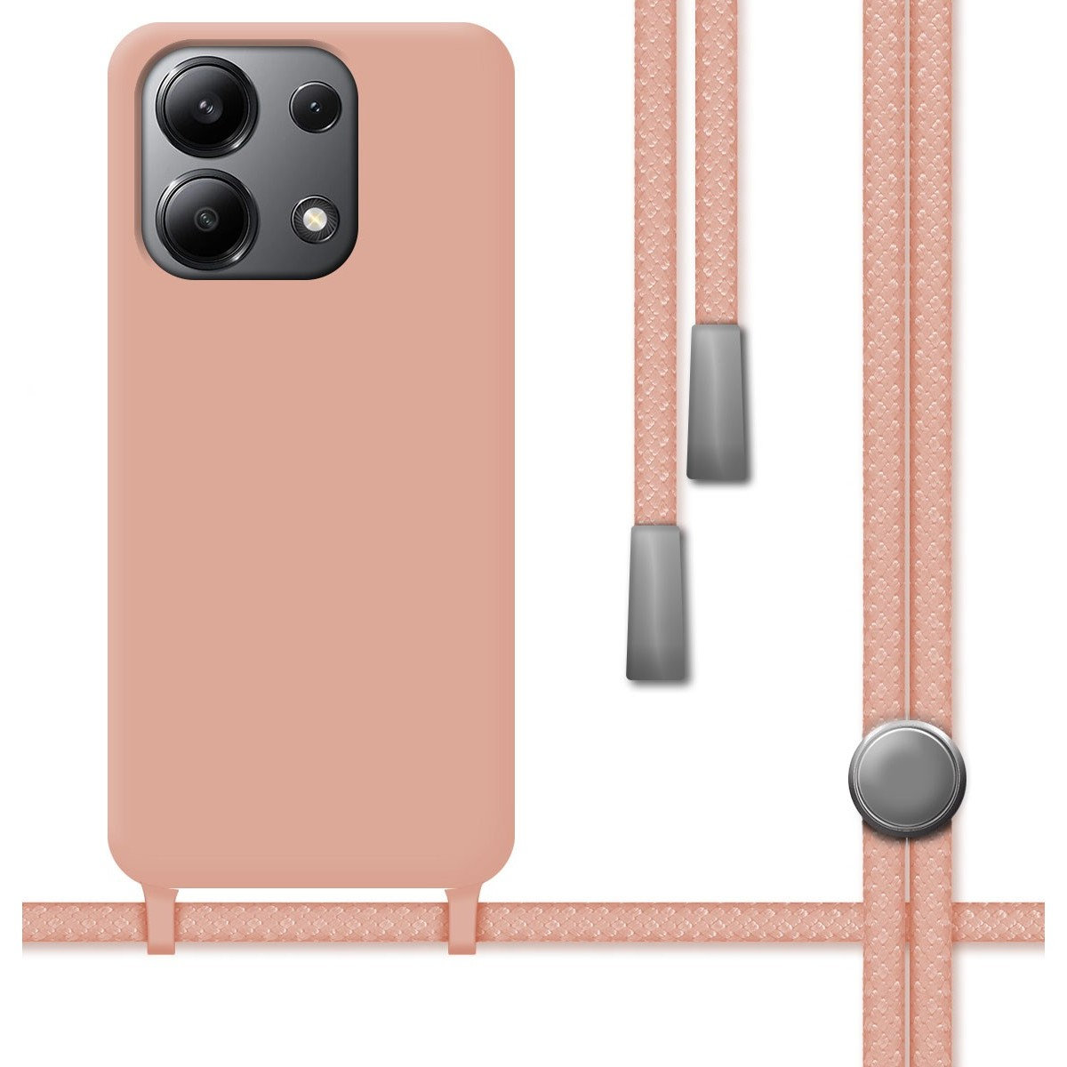 Custodia color pesca con cordino rosa e accessori argento, appesa.