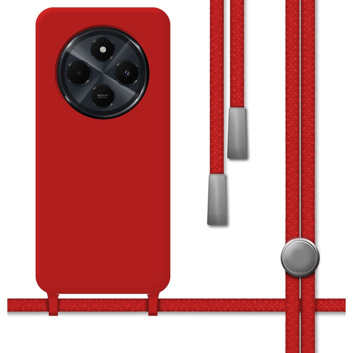 Telefono rosso con cordino rosso e dettagli argentati.