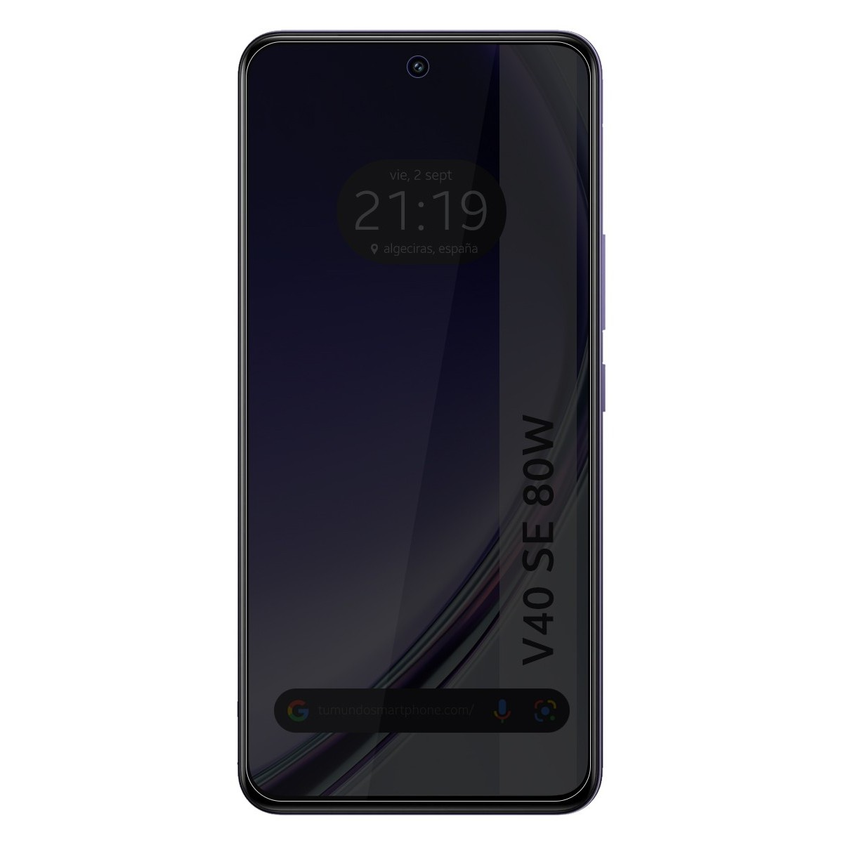 Schermo del telefono che mostra ora e posizione. Il telefono ha le parole V40 SE 80W.
