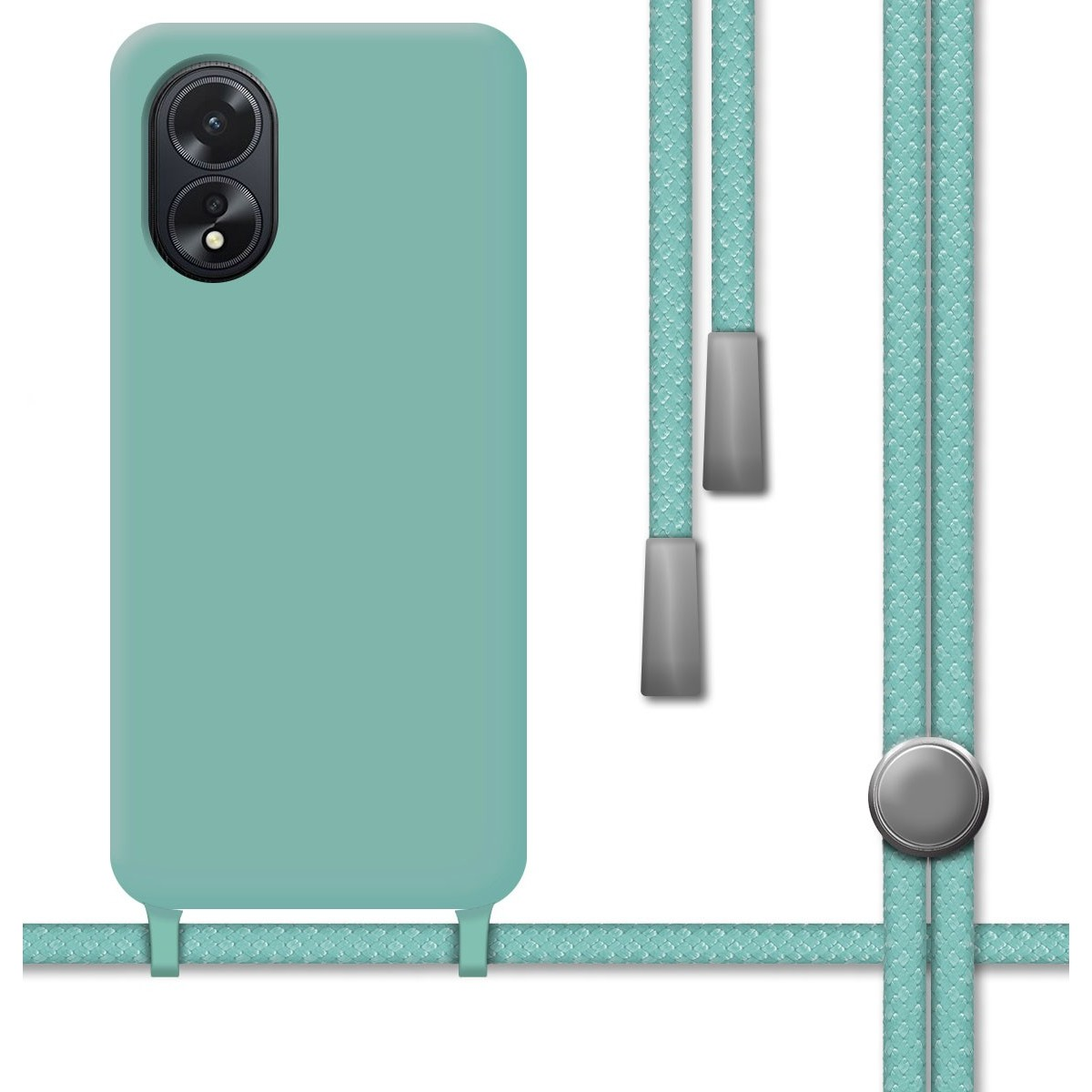 Una custodia per telefono verde menta con cordino verde menta e dettagli argentati. Telefono dentro.