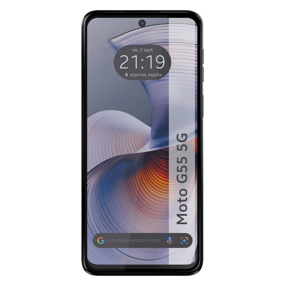 Smartphone con cornice nera, mostra l'ora. Il nome Moto G55 5G è visibile a destra.