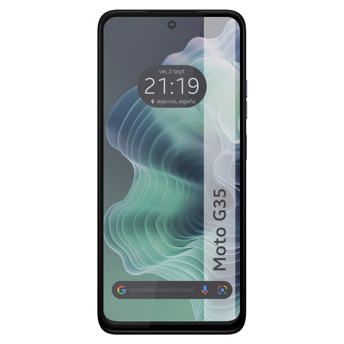 Smartphone con schermo che mostra ora e data. La custodia è nera e ha una custodia protettiva.