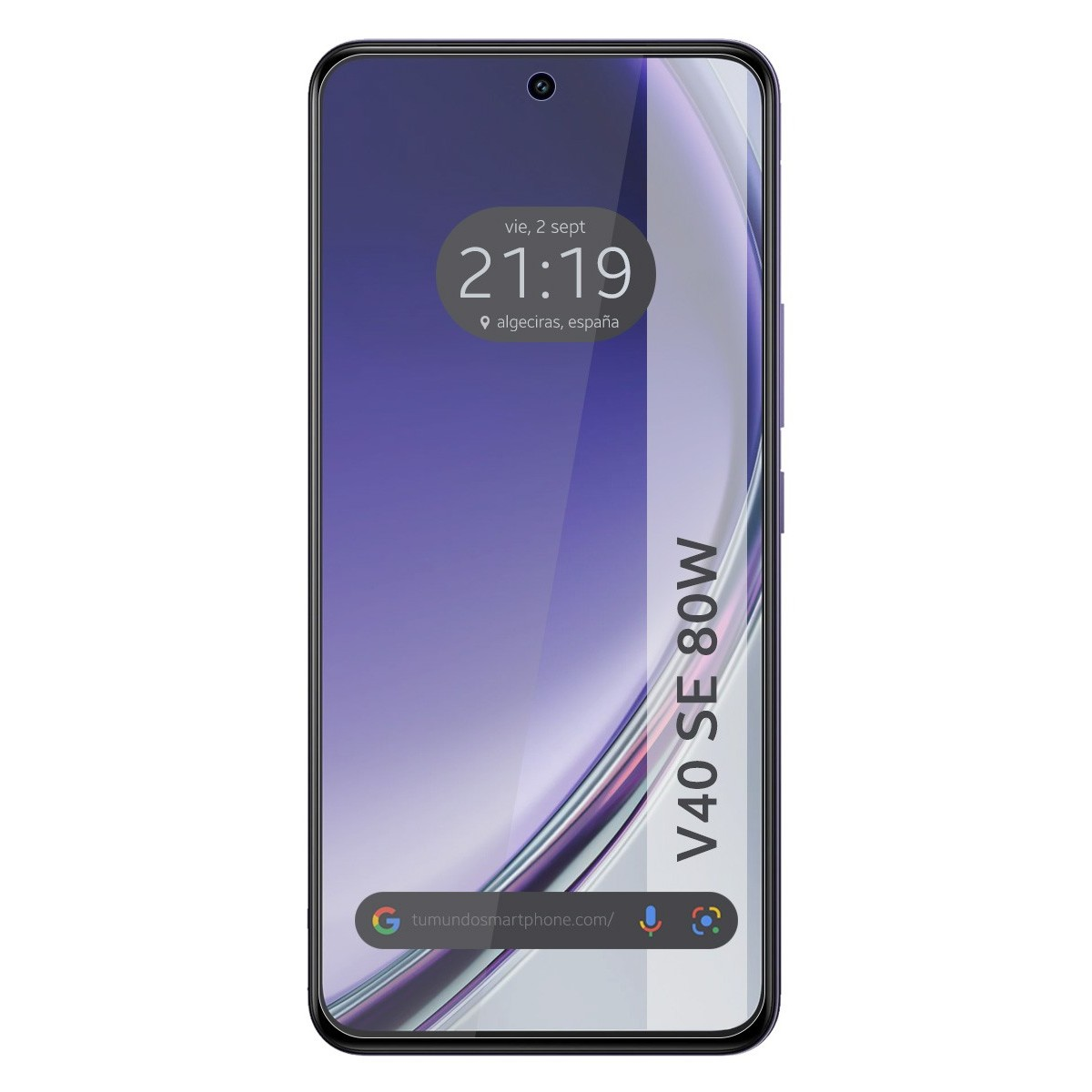 Lo schermo dello smartphone mostra le 21:19. Il modello è V40 SE 80W. Lo sfondo è viola.
