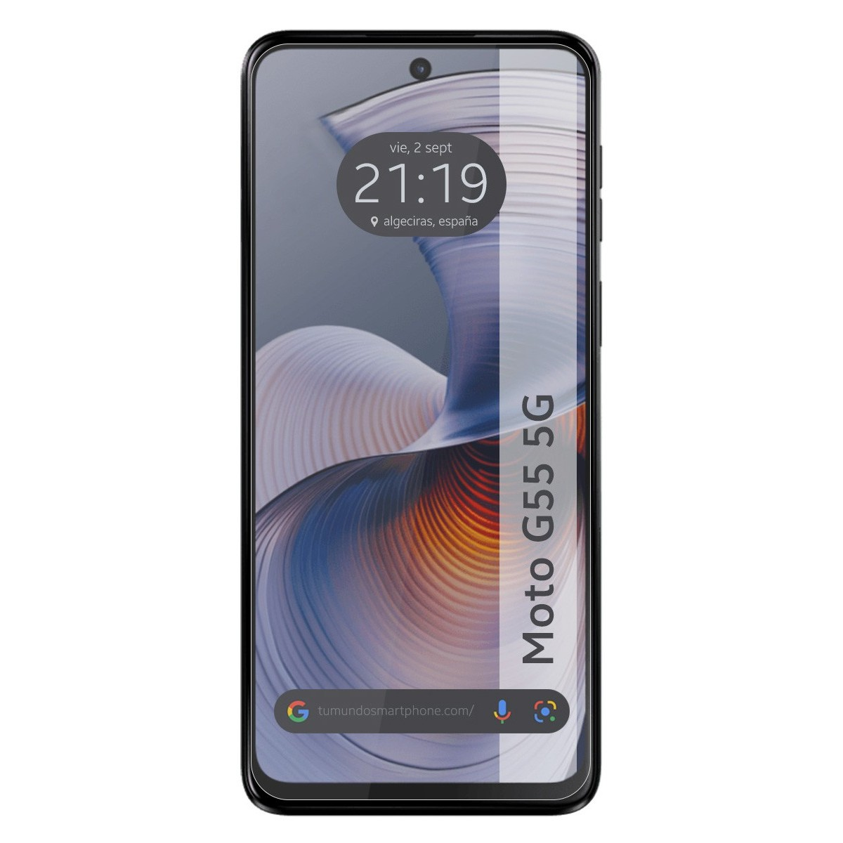 Un telefono con schermo che mostra ora e data. Il testo 'Moto G55 5G' è sul lato.