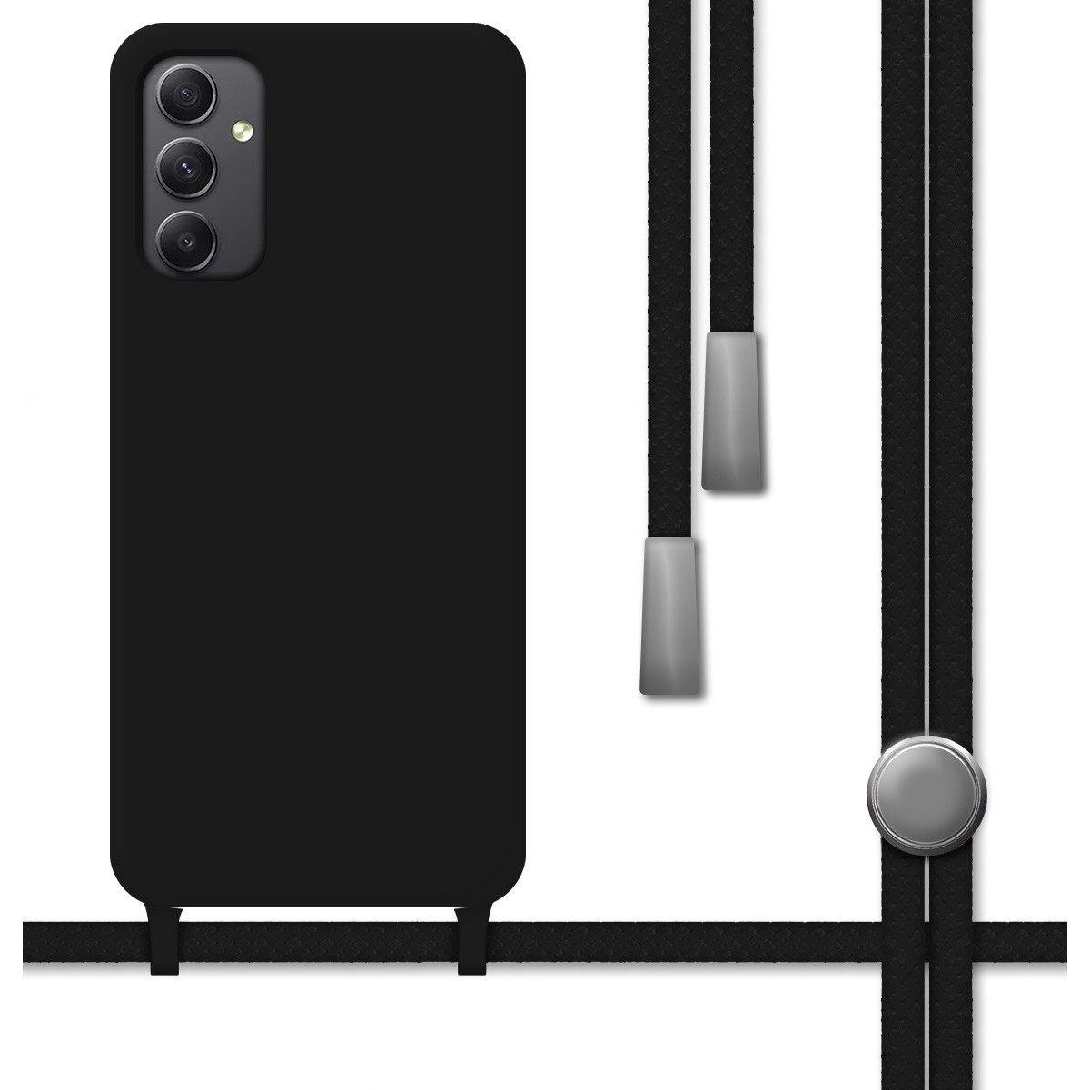 Una custodia per telefono nera con un cinturino nero, appesa con estremità argentate.
