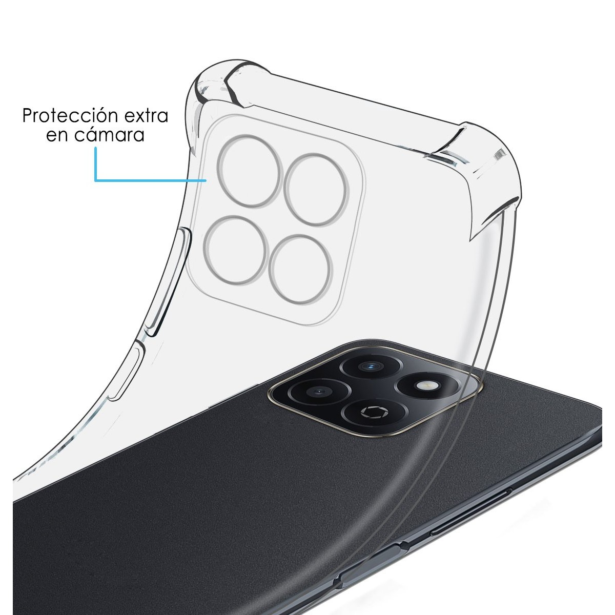 Custodia trasparente per telefono su un telefono nero, dettaglio protezione fotocamera.