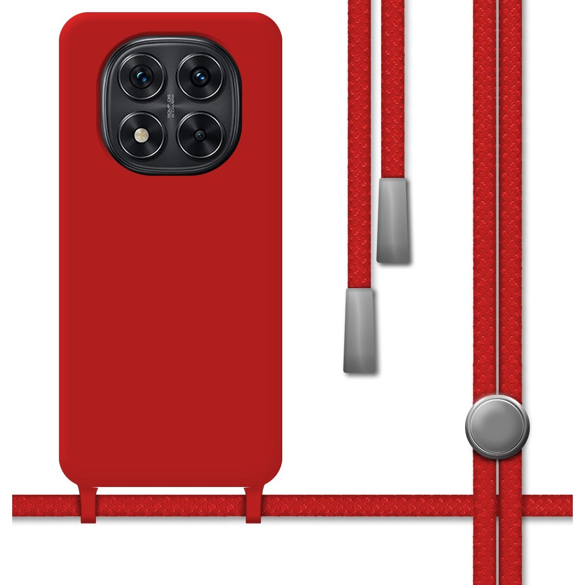 Custodia per telefono rossa con un cordino. Il cordino è rosso con accenti grigi. Il telefono ha una fotocamera.