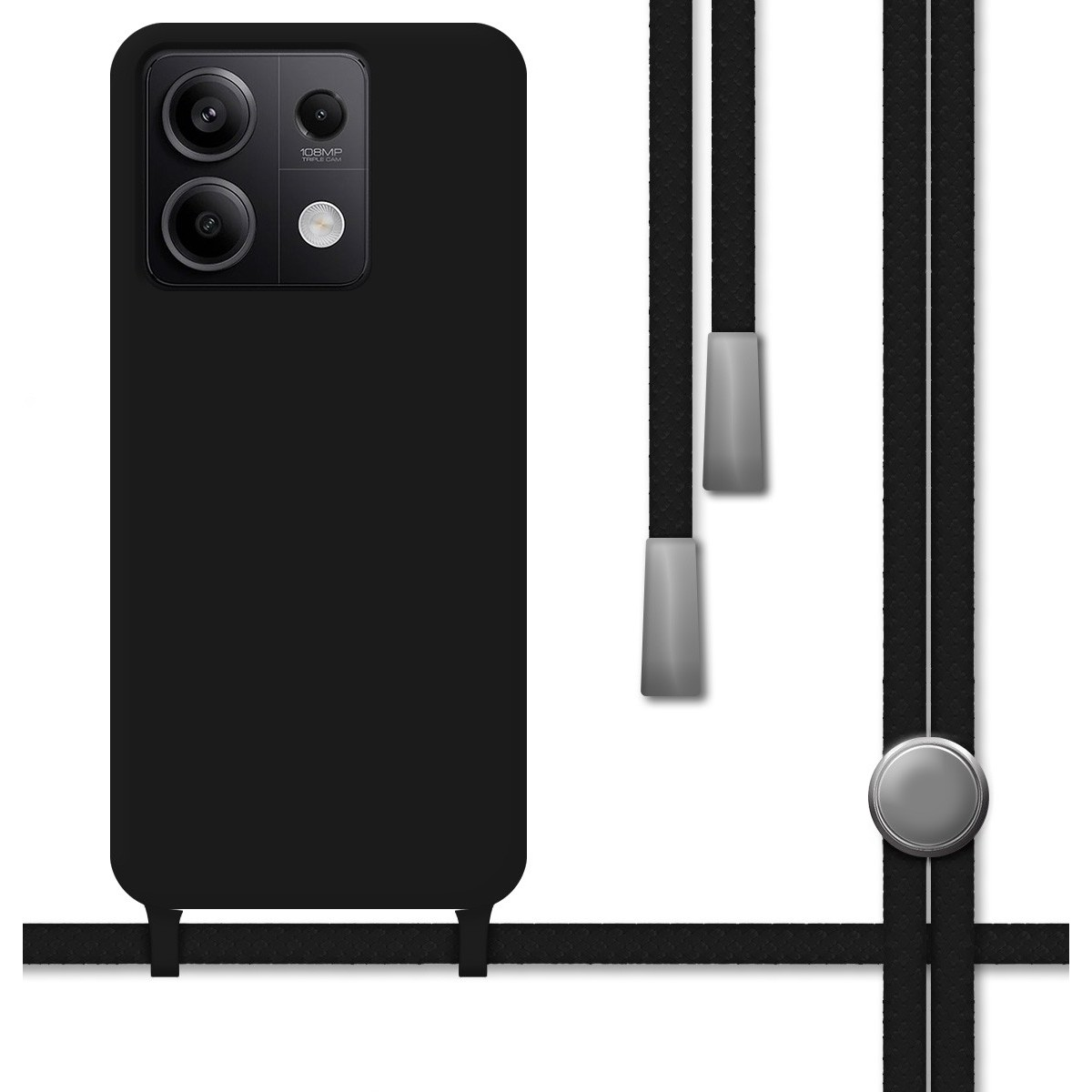 Telefono nero con cordino nero e dettagli argento. Diverse lenti della fotocamera.
