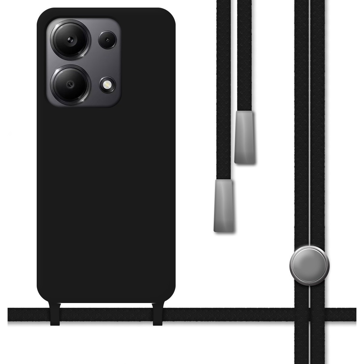 Una custodia per telefono nera con un cordino nero. Il telefono ha due fotocamere.