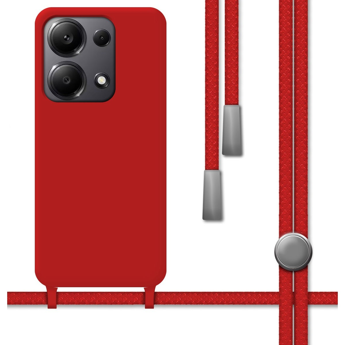Custodia per telefono rossa con modulo fotocamera e cordino rosso abbinato con dettagli argentati. Lo sfondo è bianco.