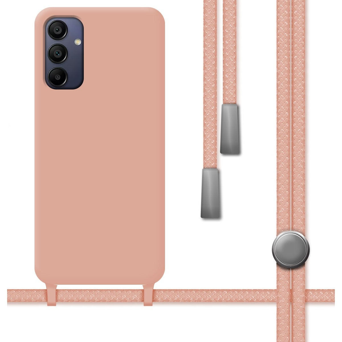 Telefono color pesca con un cordino abbinato appeso. Il telefono ha un rigonfiamento della fotocamera.