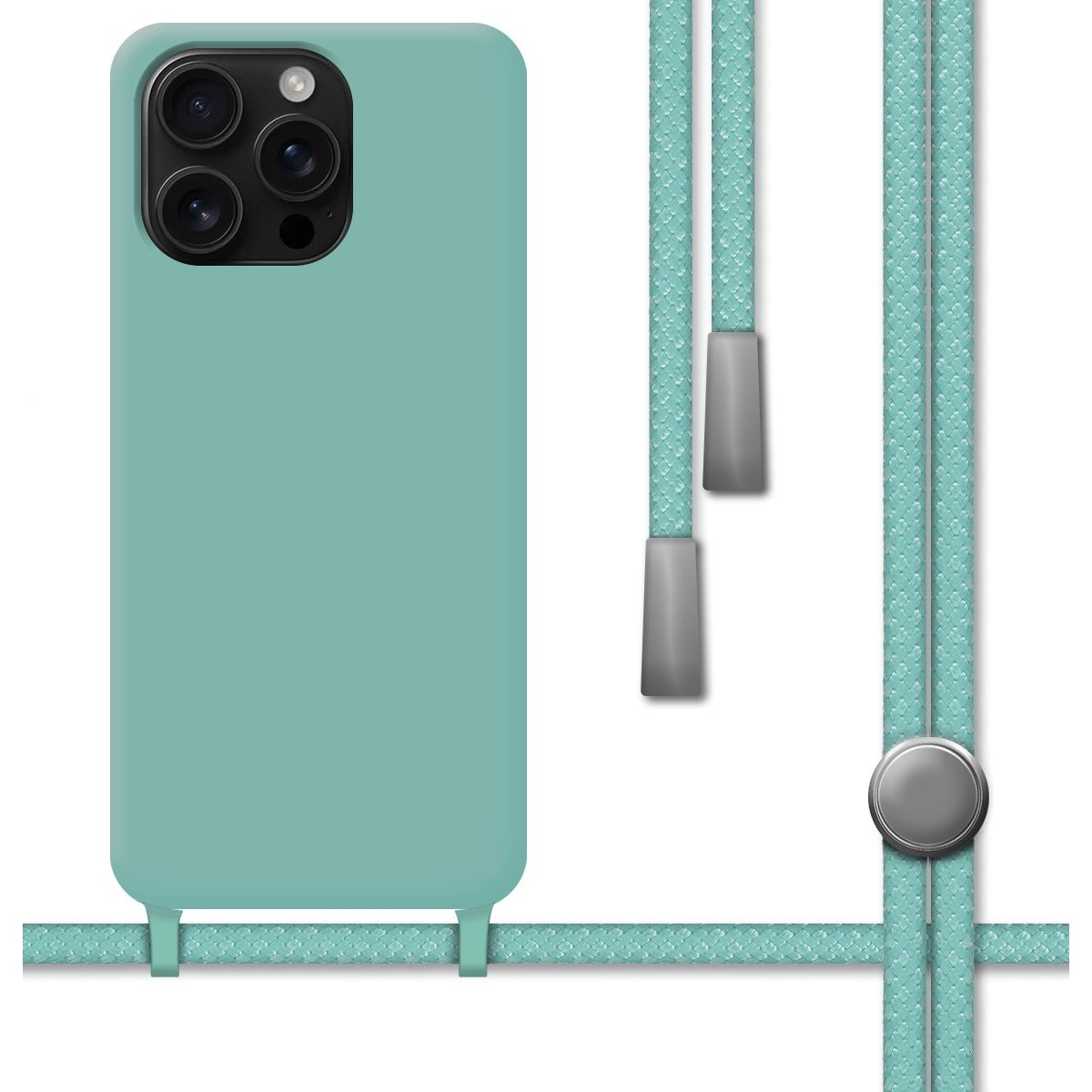 Custodia per telefono verde menta con cordino abbinato. Ha lenti della fotocamera e attacco per cinturino.