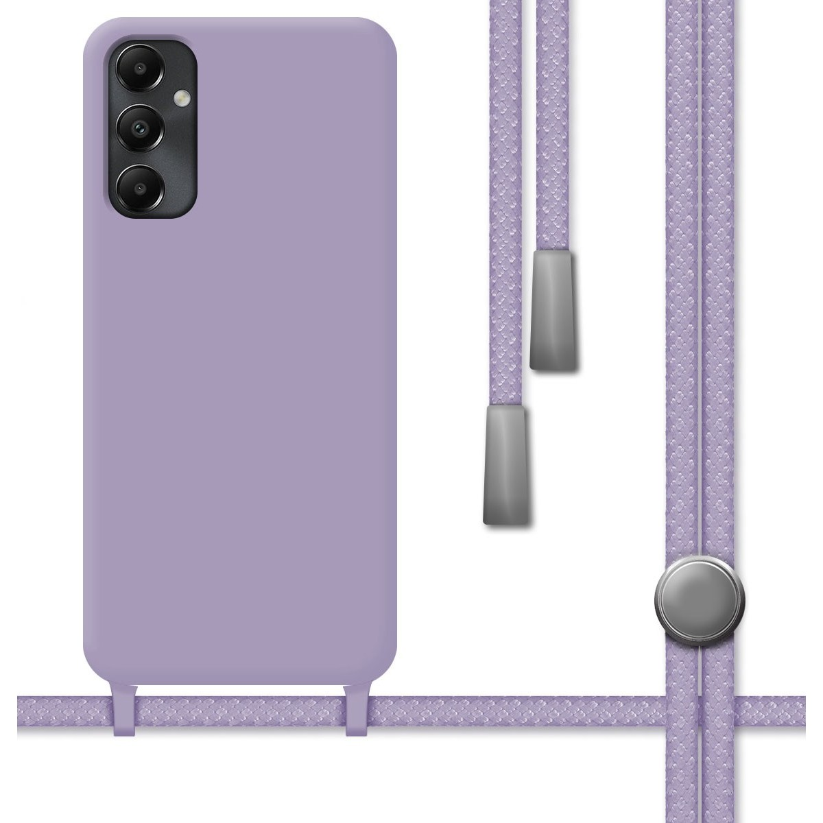 Custodia per telefono lilla con cordino e chiusure argentate, su sfondo bianco.