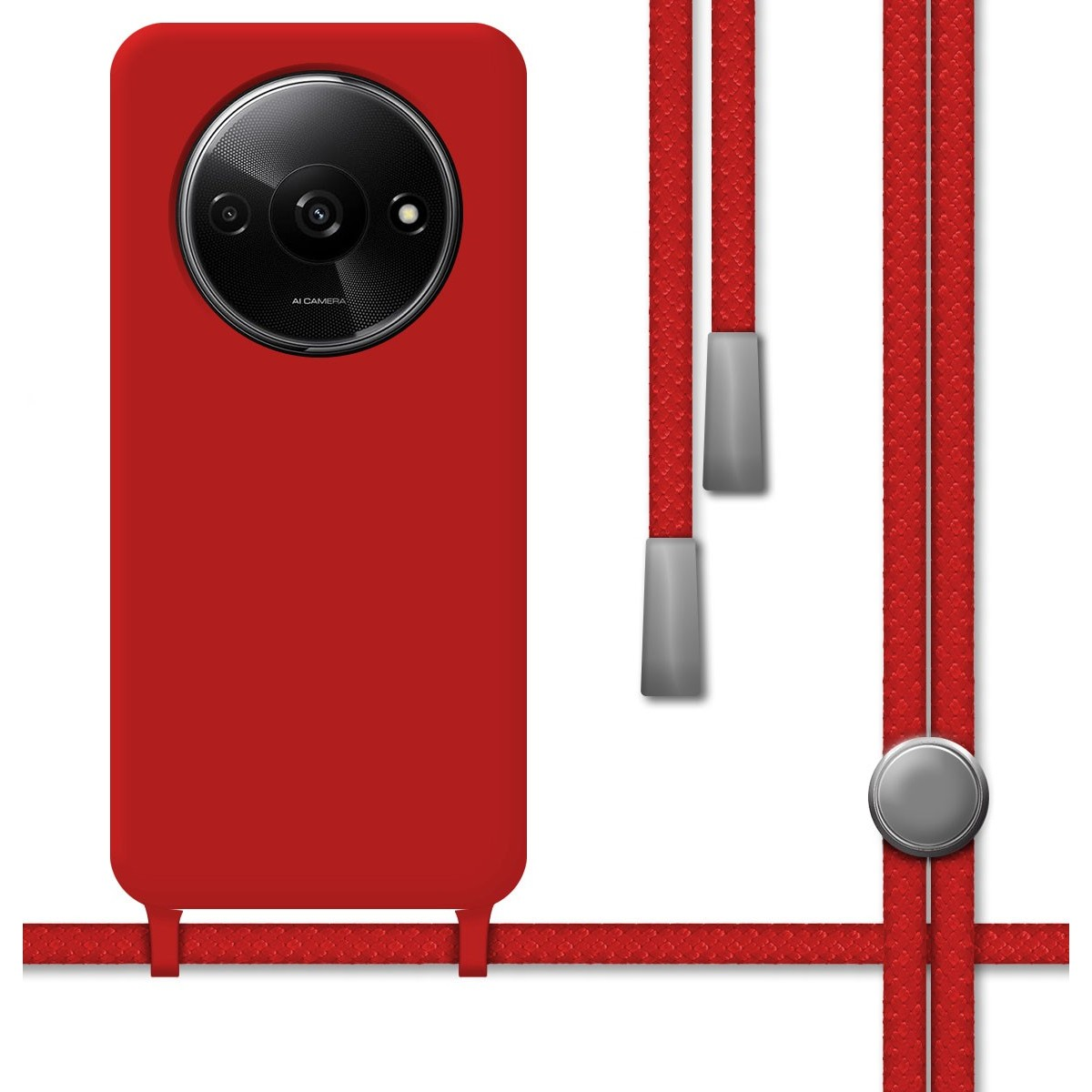 Custodia per telefono rossa con cinturino rosso e dettagli argentati.