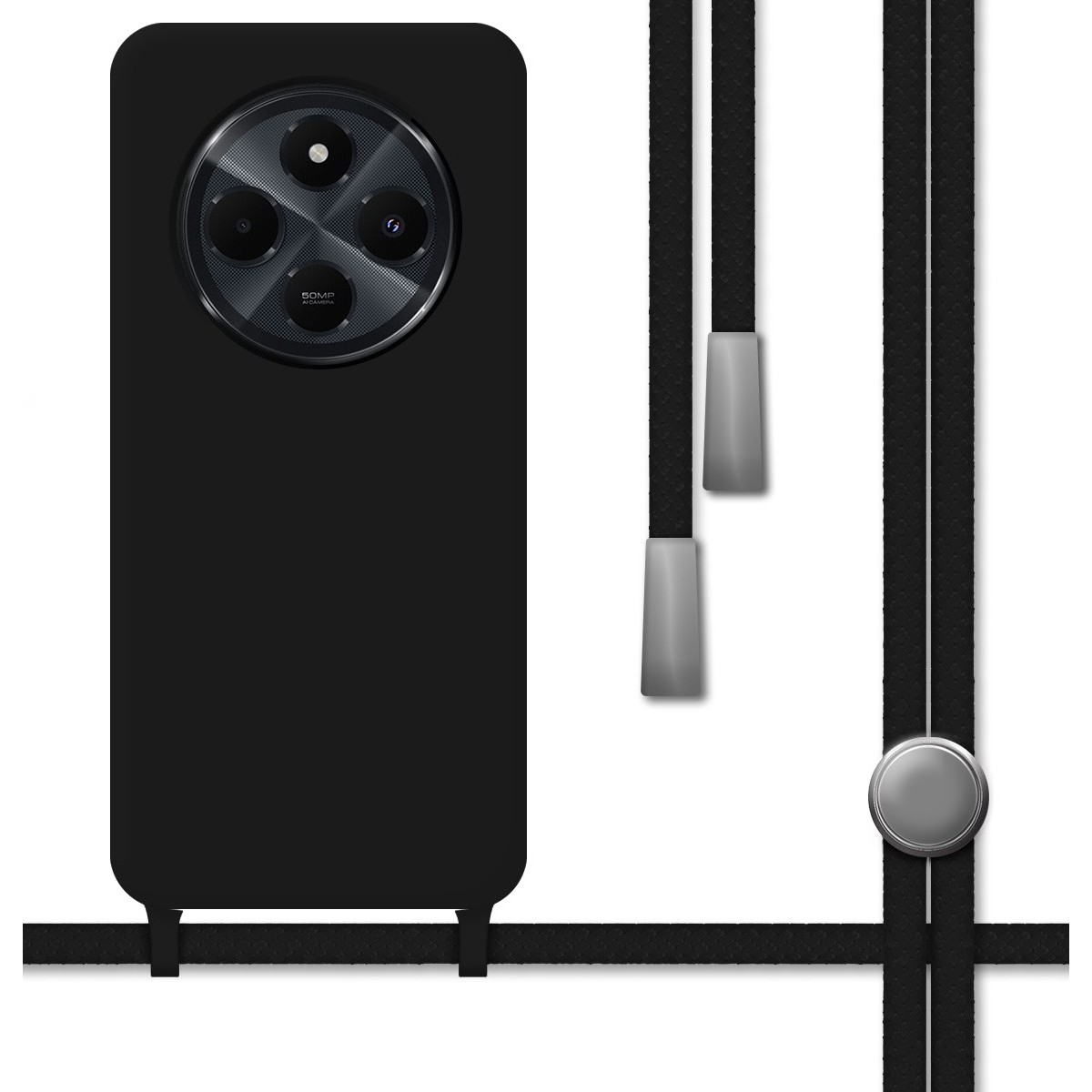 Telefono nero con custodia nera e cordino nero. Il telefono ha una fotocamera.