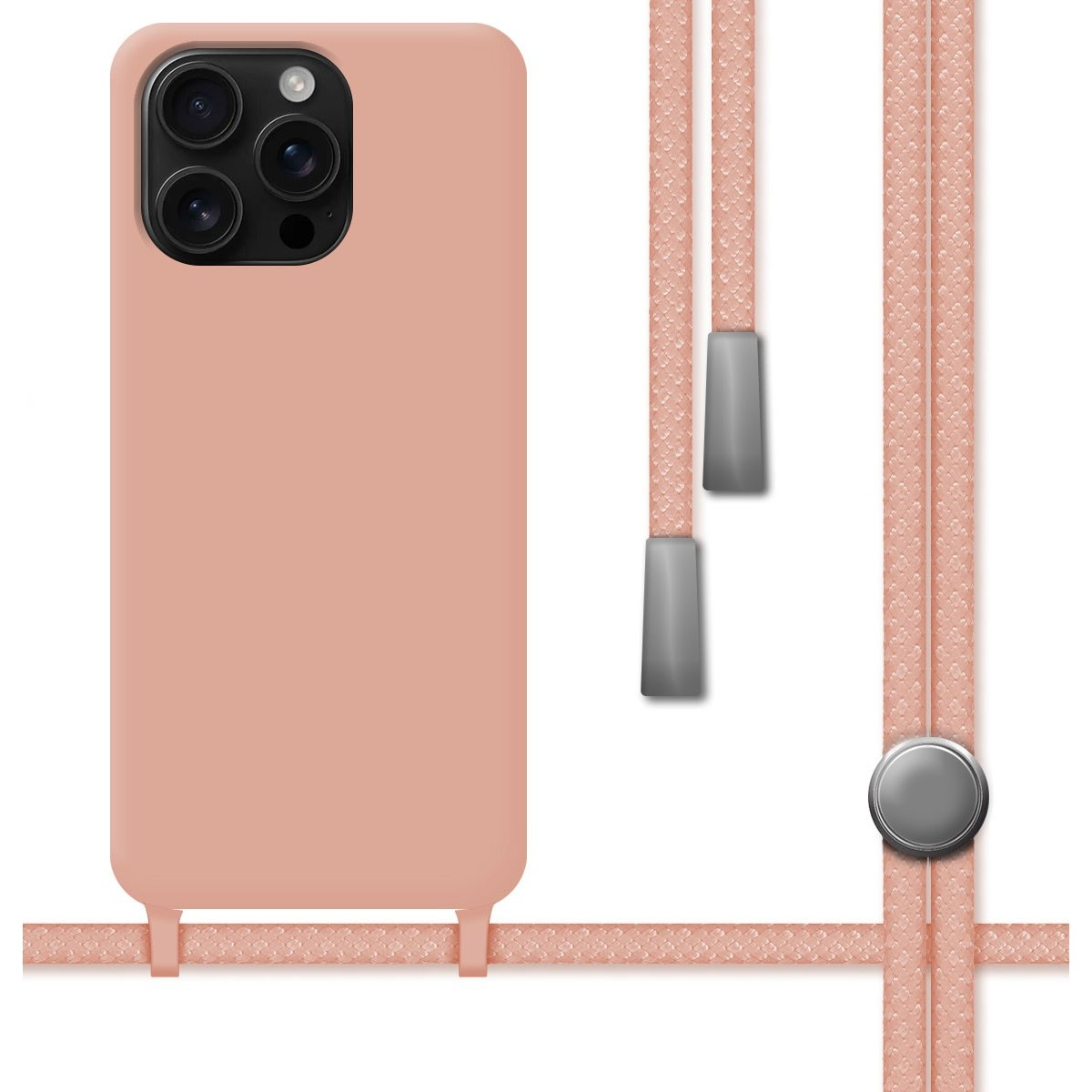 Custodia per telefono rosa con cordino rosa e due fermi grigi.