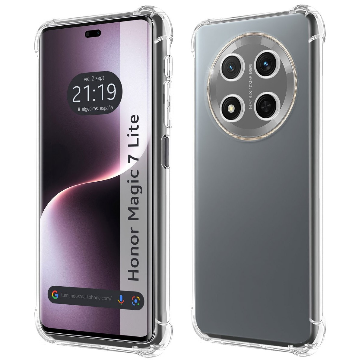 Dos teléfonos en fundas. Uno muestra fecha y hora. El otro muestra la parte trasera con 4 cámaras.