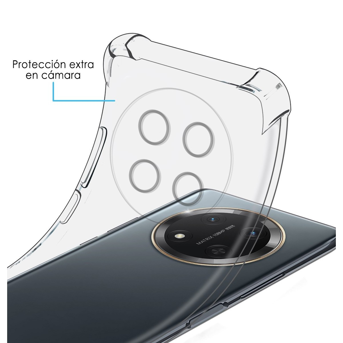 Funda transparente sobre teléfono con múltiples cámaras, con diseño de protección de cámara.