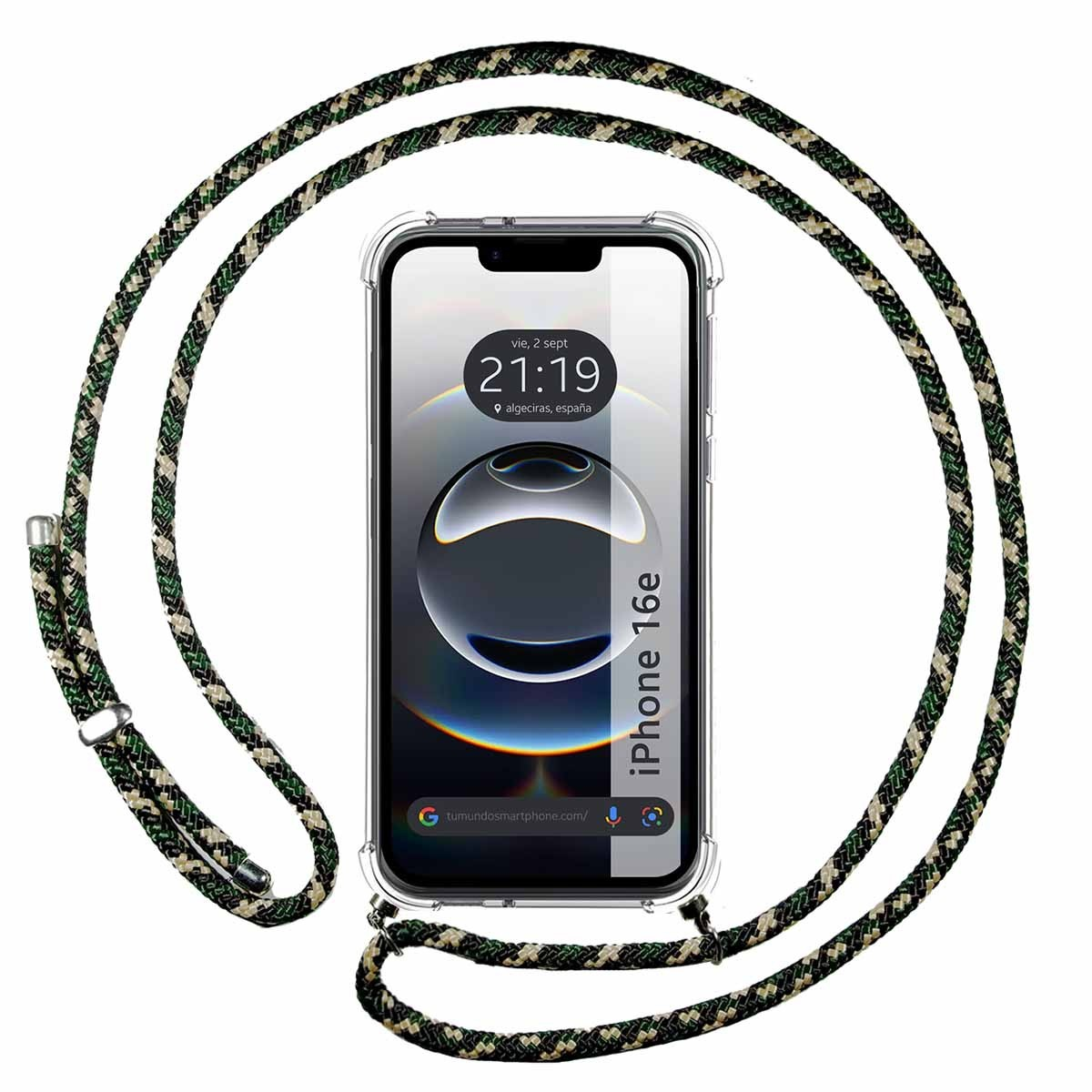 Telefono con cinturino mimetico. Il telefono mostra un orologio e lo schermo è chiaro.