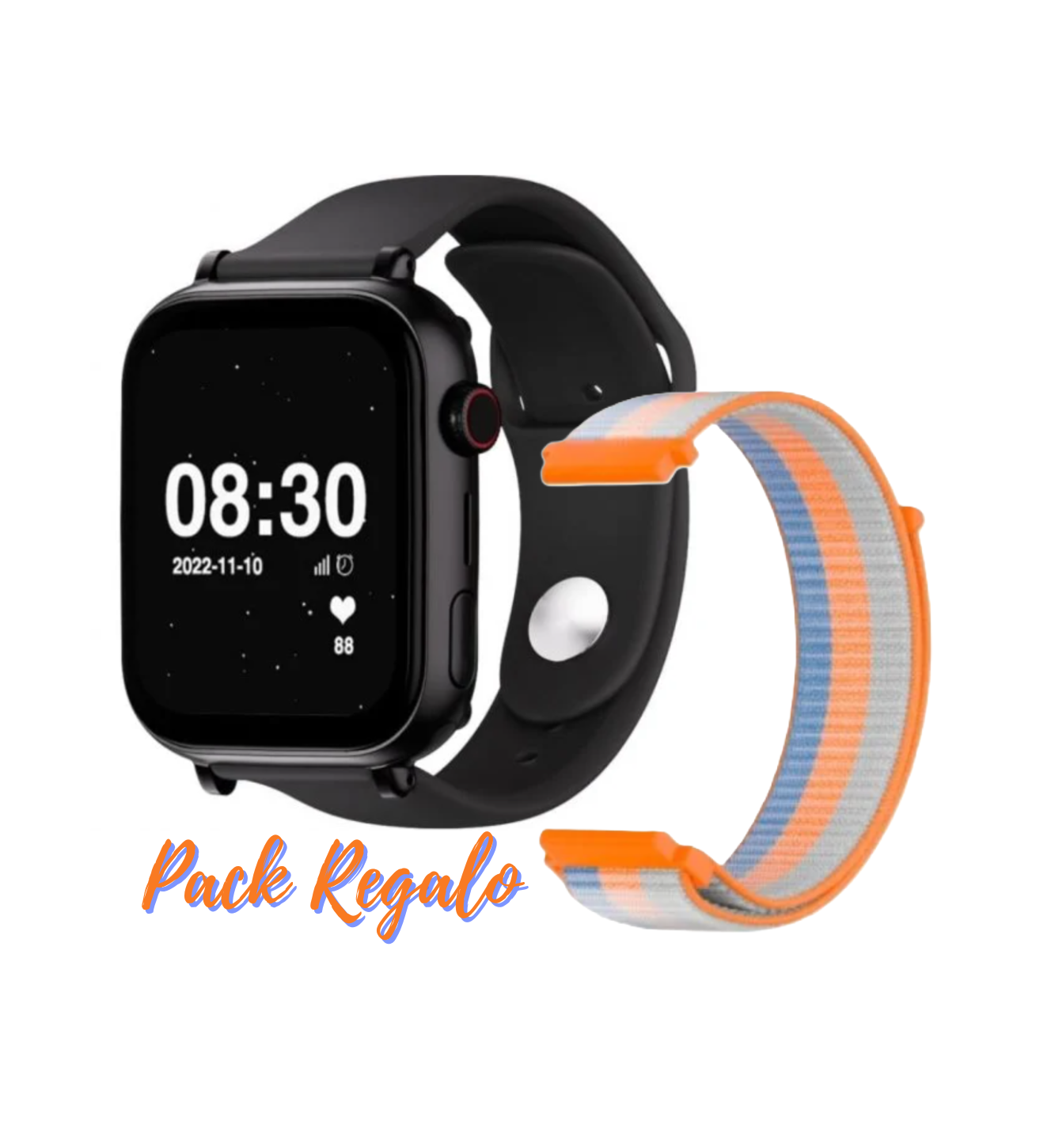 Uno smartwatch nero con cinturino arancione e blu, con testo regalo.