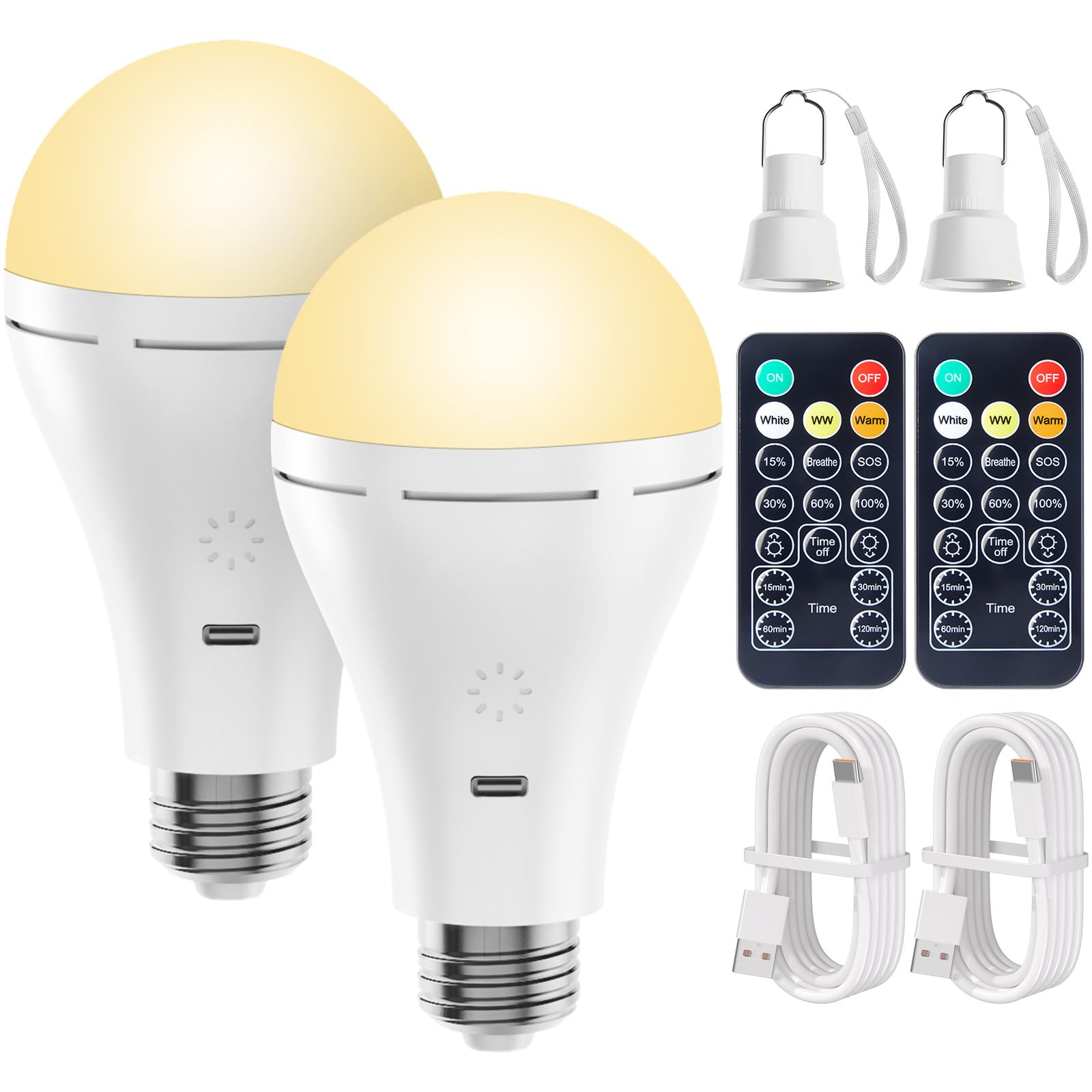 Zwei weiße LED-Glühbirnen mit Fernbedienungen und Ladekabeln. Jede Glühbirne hat eine abgerundete Spitze.