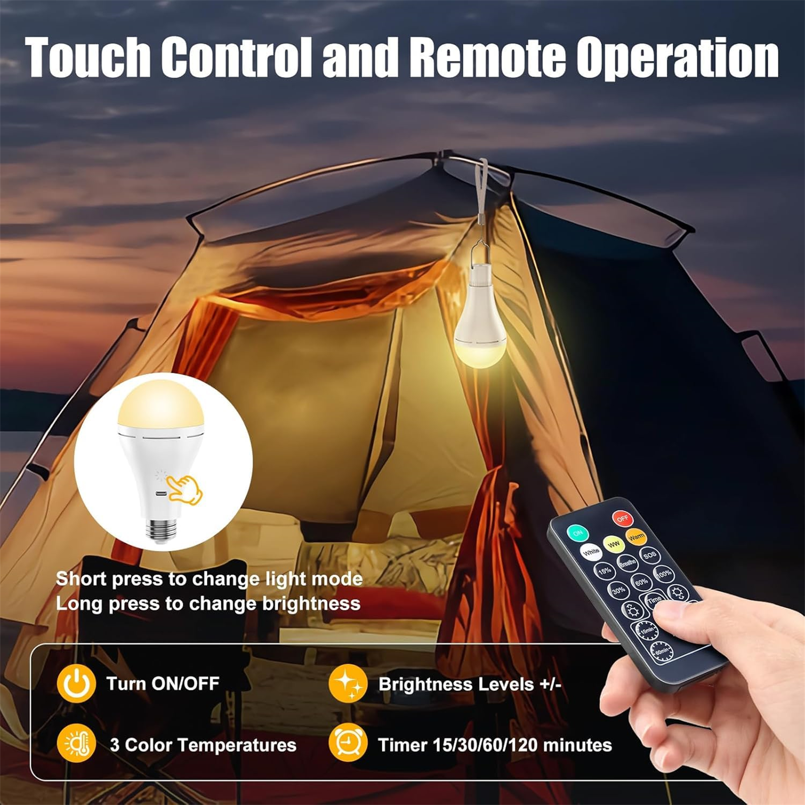 Eine Glühbirne mit Fernbedienung. Der Text auf der Fernbedienung lautet: Touch Control and Remote Operation.