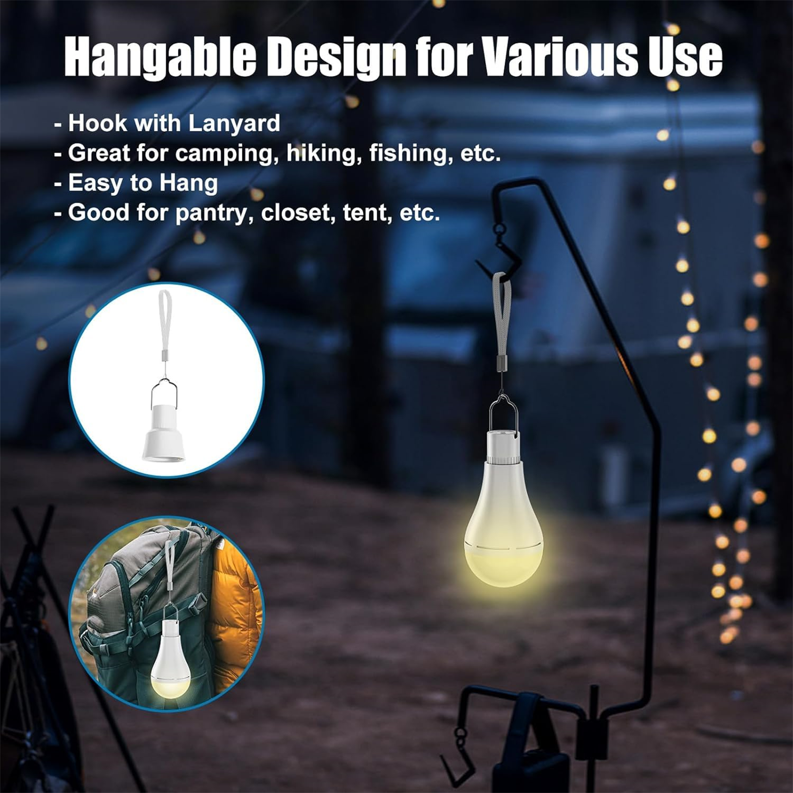 Zwei weiße tragbare Lampen hängen an weißen Schnüren, ideal für Camping, Wandern und Speisekammer.