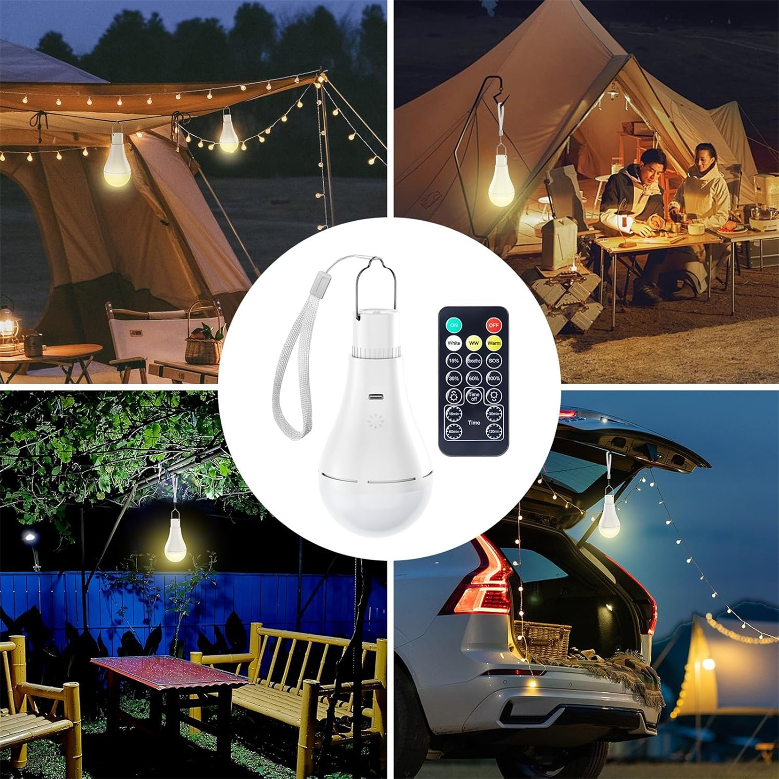 Mehrere Bilder von Camping-Szenen mit Lichtern. Eine Fernbedienung ist im Zentrum.