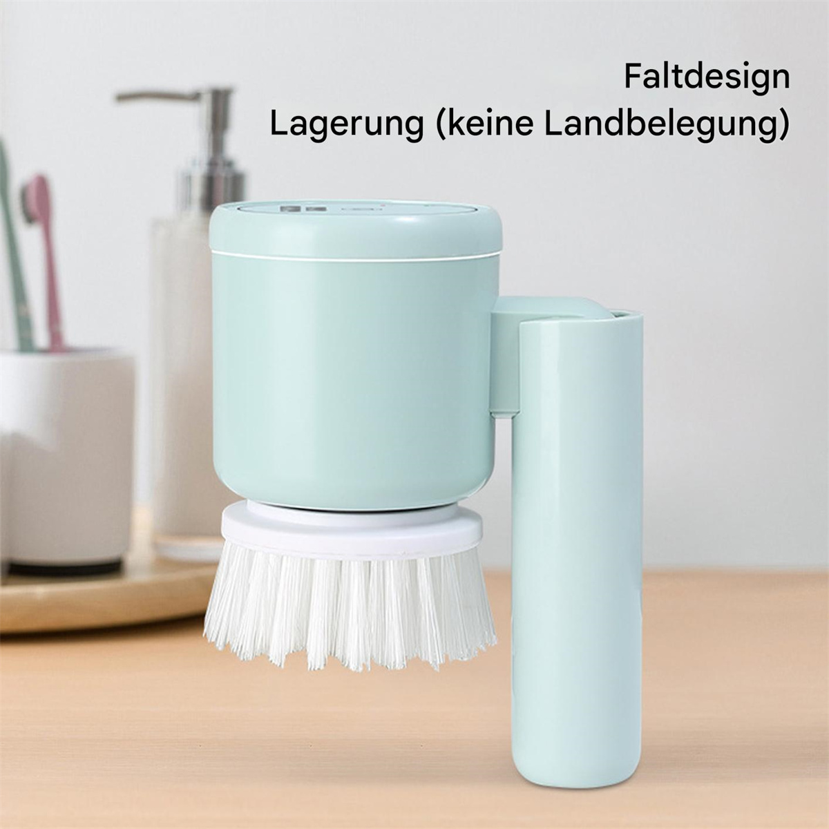 Eine mintgrüne Reinigungsbürste mit weißem Bürstenkopf und einem gebogenen, blauen Griff.