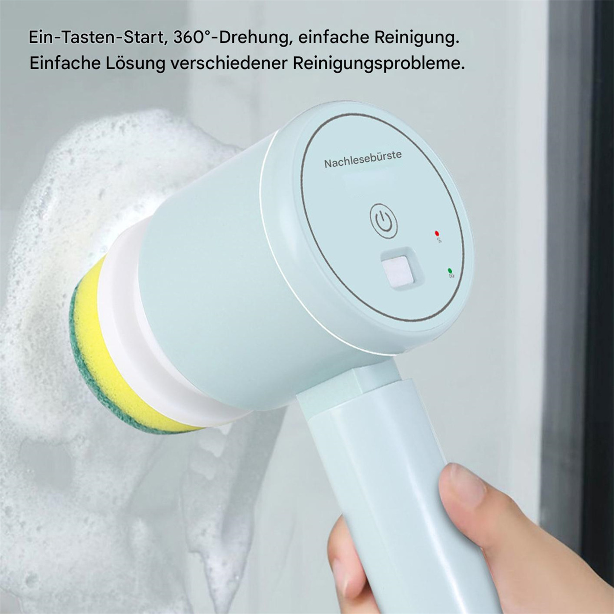 Eine tragbare elektrische Reinigungsbürste mit blauem Gehäuse und gelb-weißem Bürstenkopf. Schaum sichtbar.