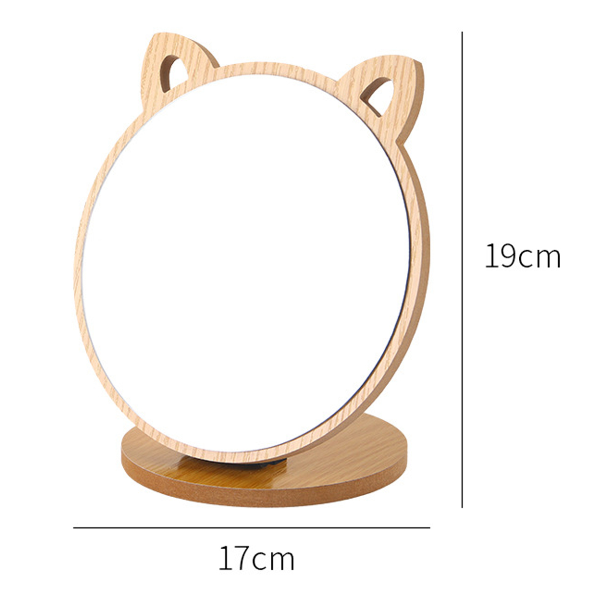 Hölzerner, katzenförmiger Spiegel auf einem Holzständer, mit den Maßen 19 cm x 17 cm.