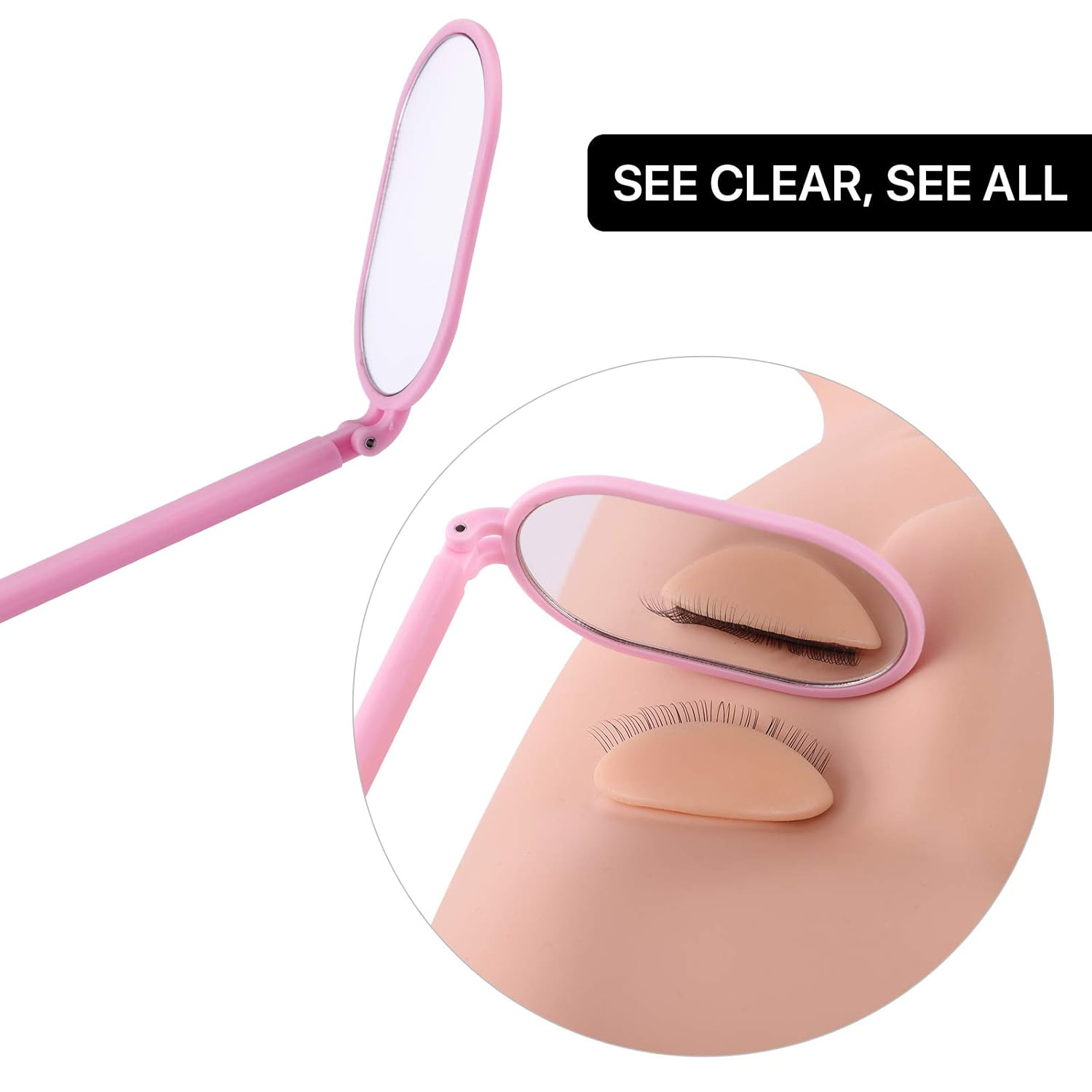 Zwei rosa Wimpernspiegel und ein falscher Wimpernstreifen auf rosa Oberfläche, mit Text.