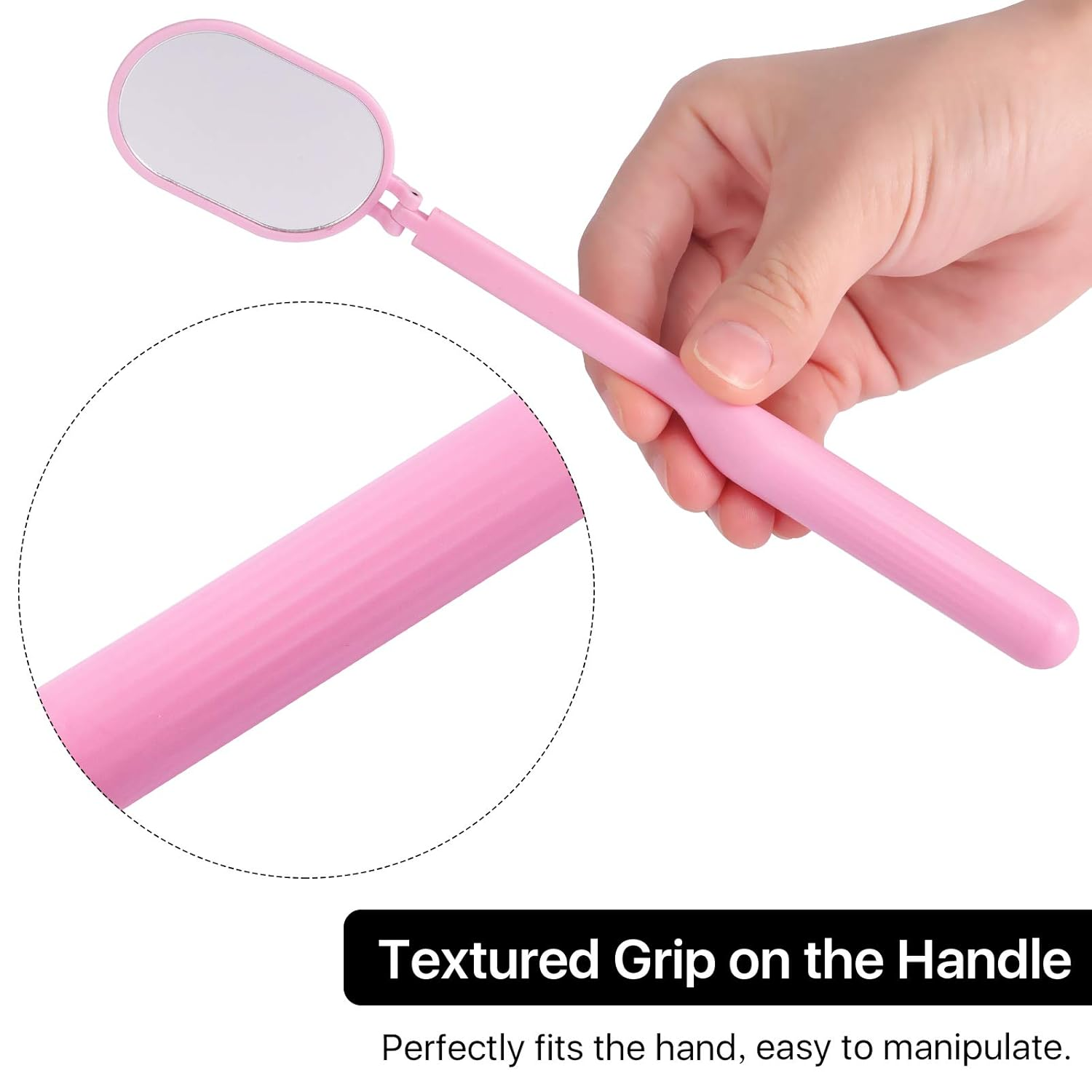 Pinker Spiegel mit Griff, gehalten von einer Hand. Text: Geriffelter Griff am Griff.