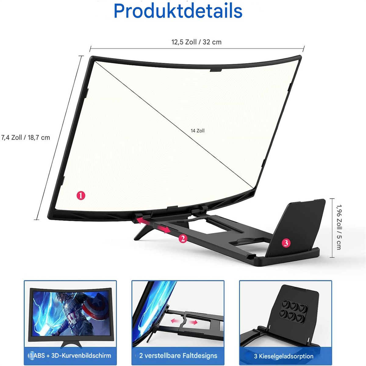 Gebogener Monitor mit Ständer, Produktdetails mit Abmessungen und Eigenschaften.