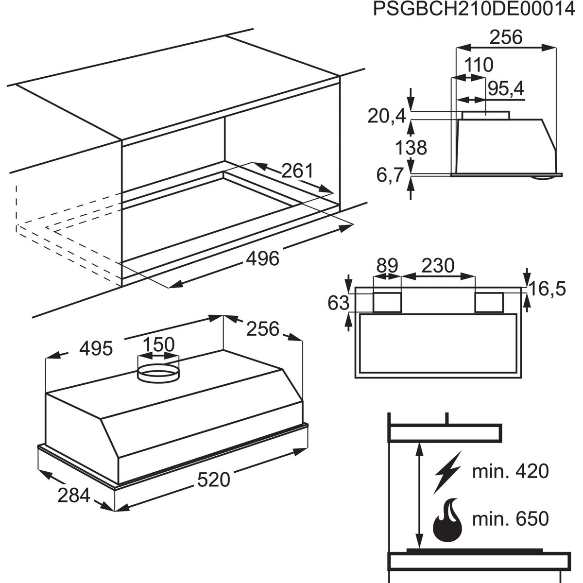 Disegno tecnico di una cappa da cucina con dimensioni, viste e misure.