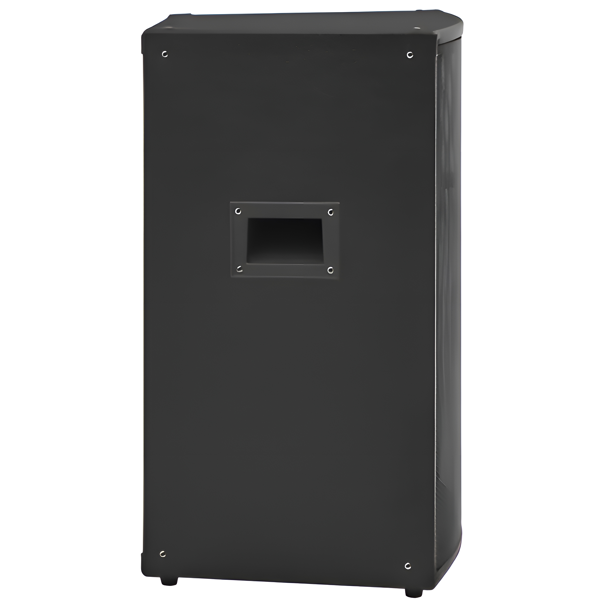Schwarze Lautsprecherbox. Sie hat einen rechteckigen Griff und eine schwarze Rückseite.