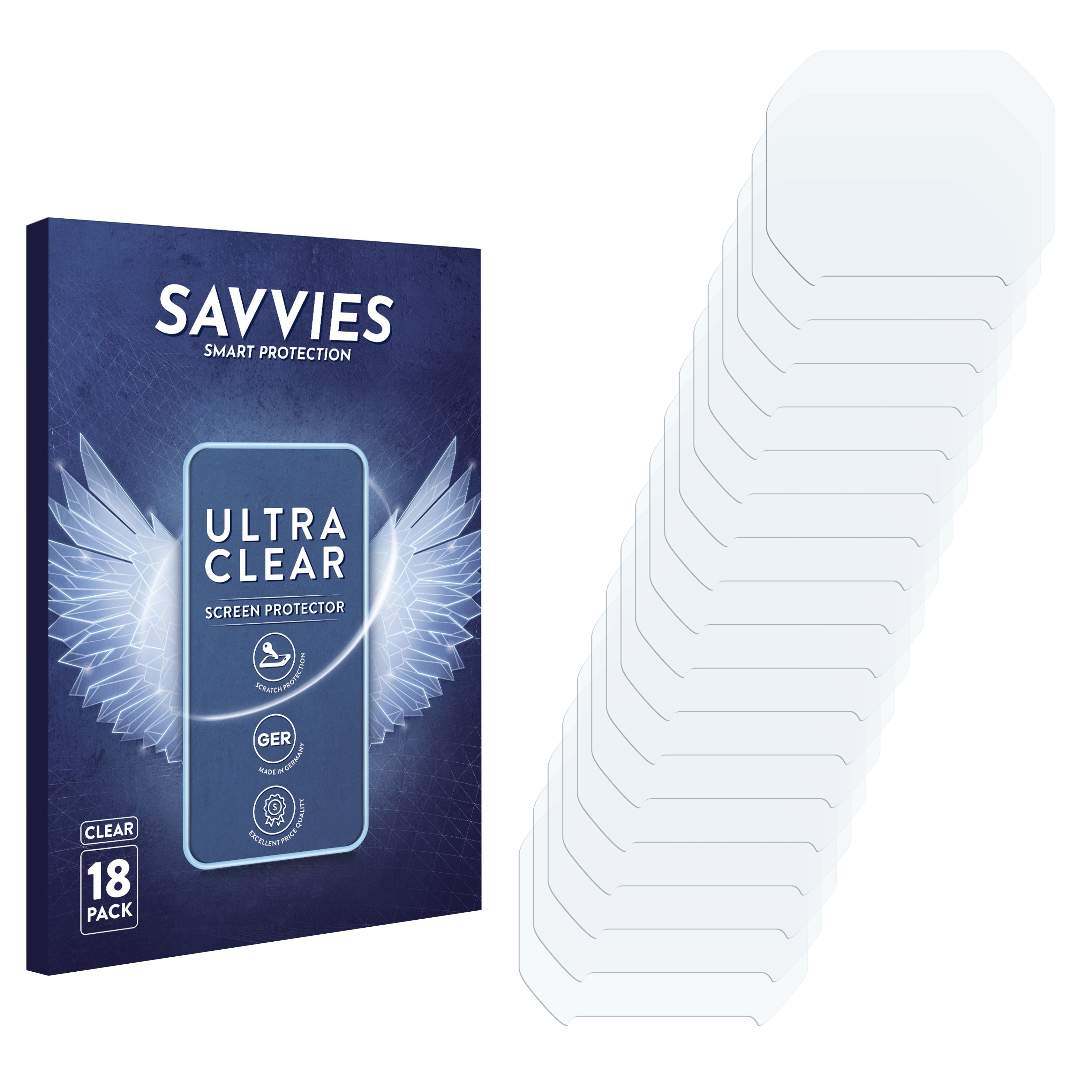 Box mit Displayschutzfolien. Enthält 18 klare Displayschutzfolien für ein Telefon.