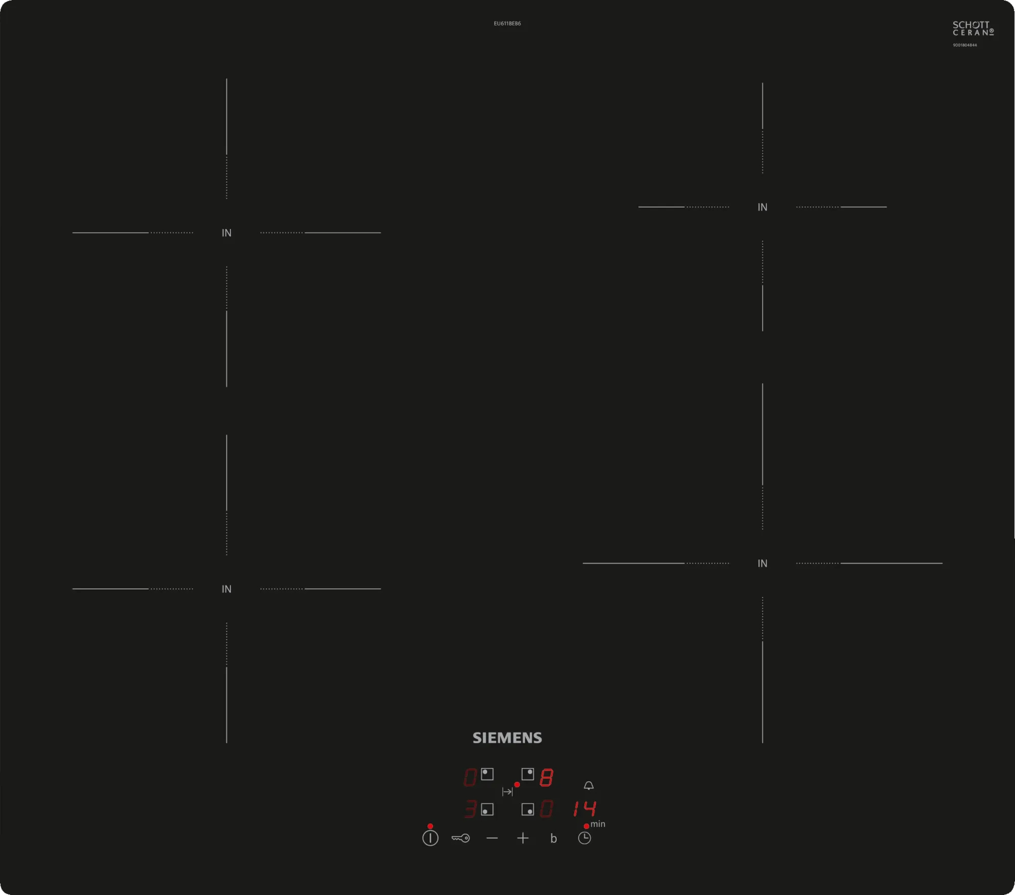 Czarna płyta indukcyjna z czterema palnikami i cyfrowym panelem sterowania.