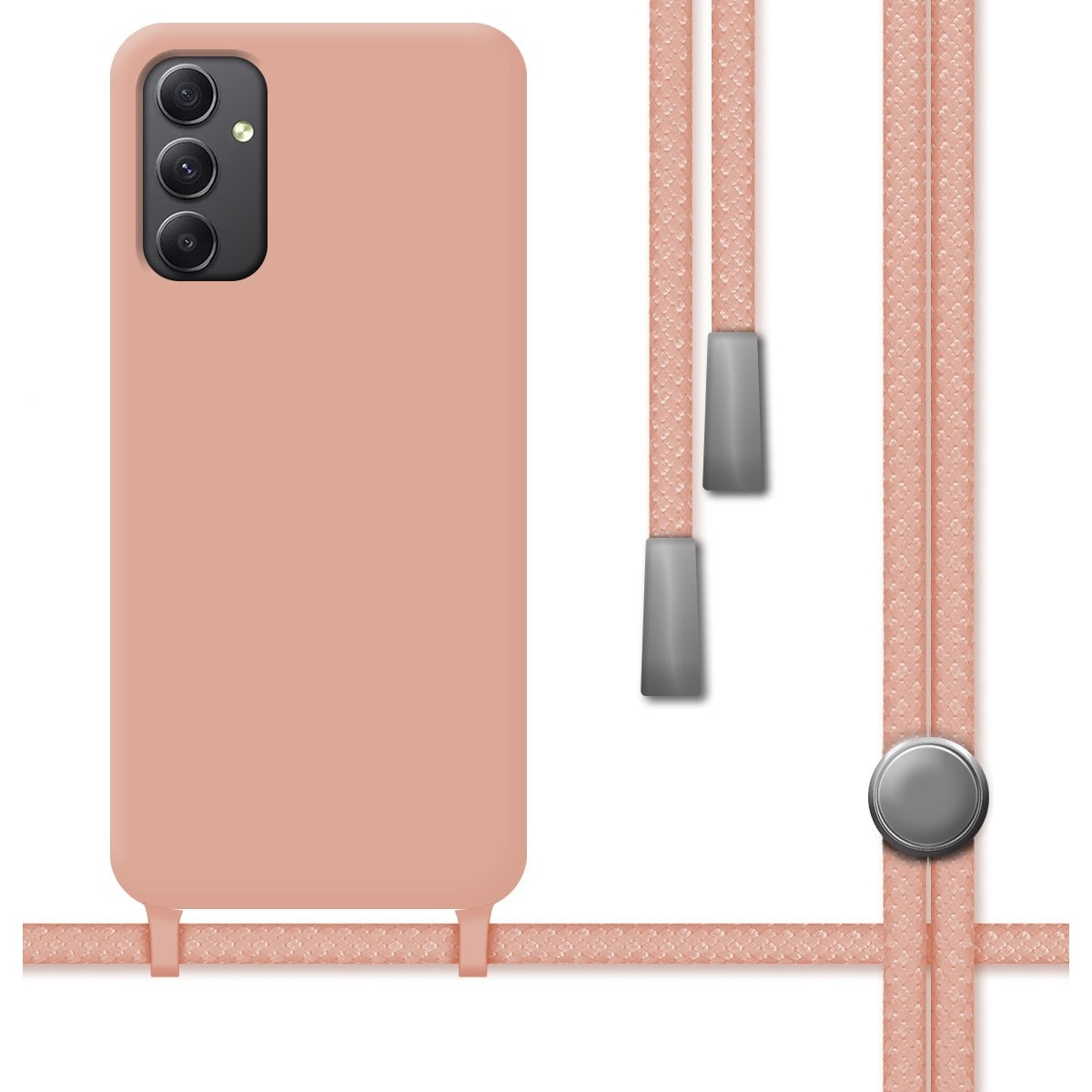 Una custodia per telefono rosa con un cordino rosa. La custodia ha tre obiettivi e un pulsante.