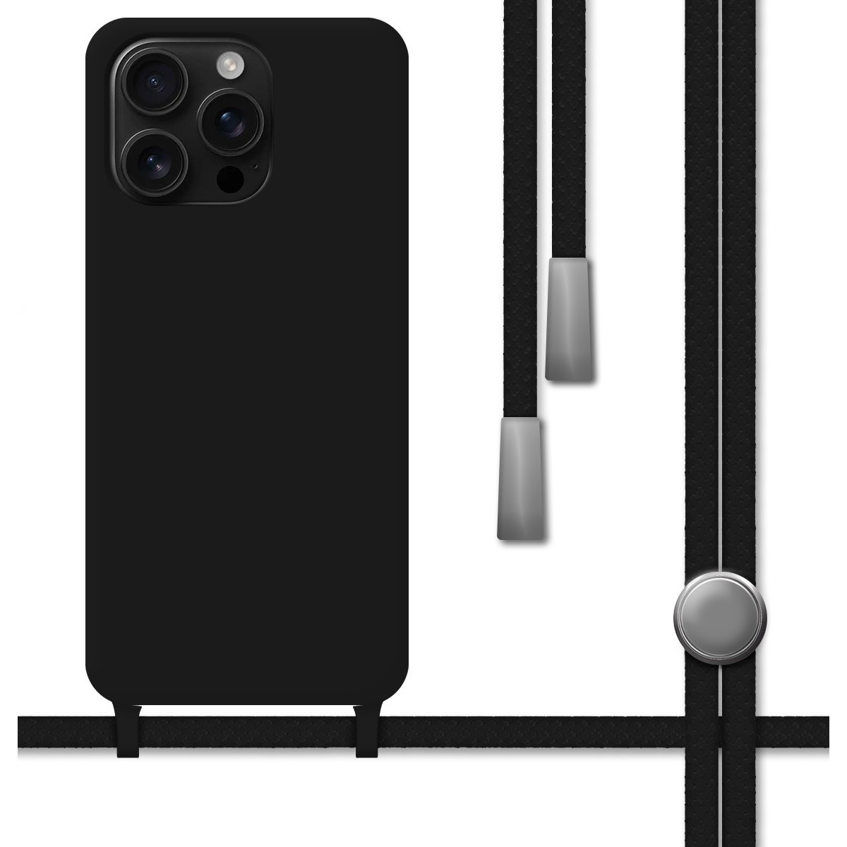 Una custodia per telefono nera con cordino. La custodia ha più lenti della fotocamera.