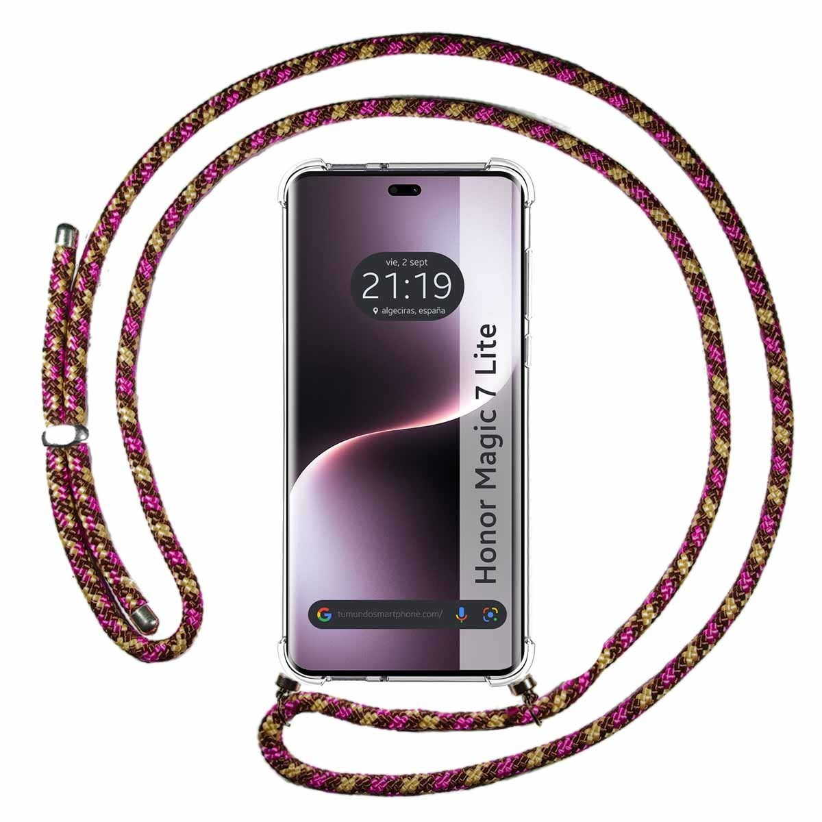 Telefono con cinturino in corda rosa e oro. Il telefono mostra l'ora e la posizione.