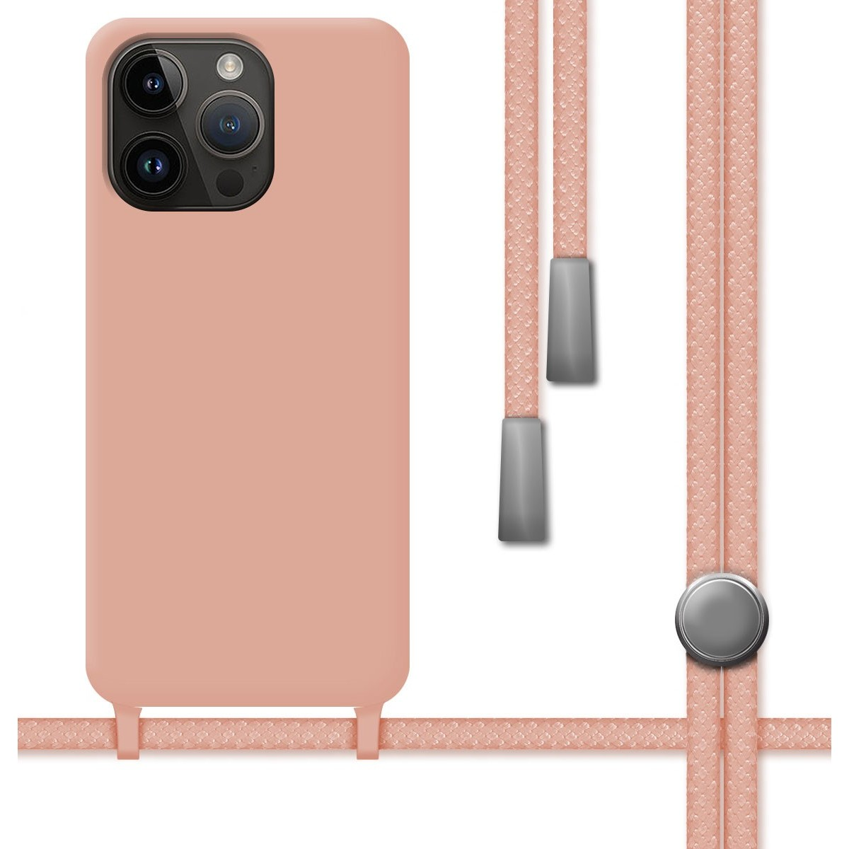 Una custodia per telefono di colore rosa chiaro con un cinturino da collo. La custodia ha un colore coordinato.